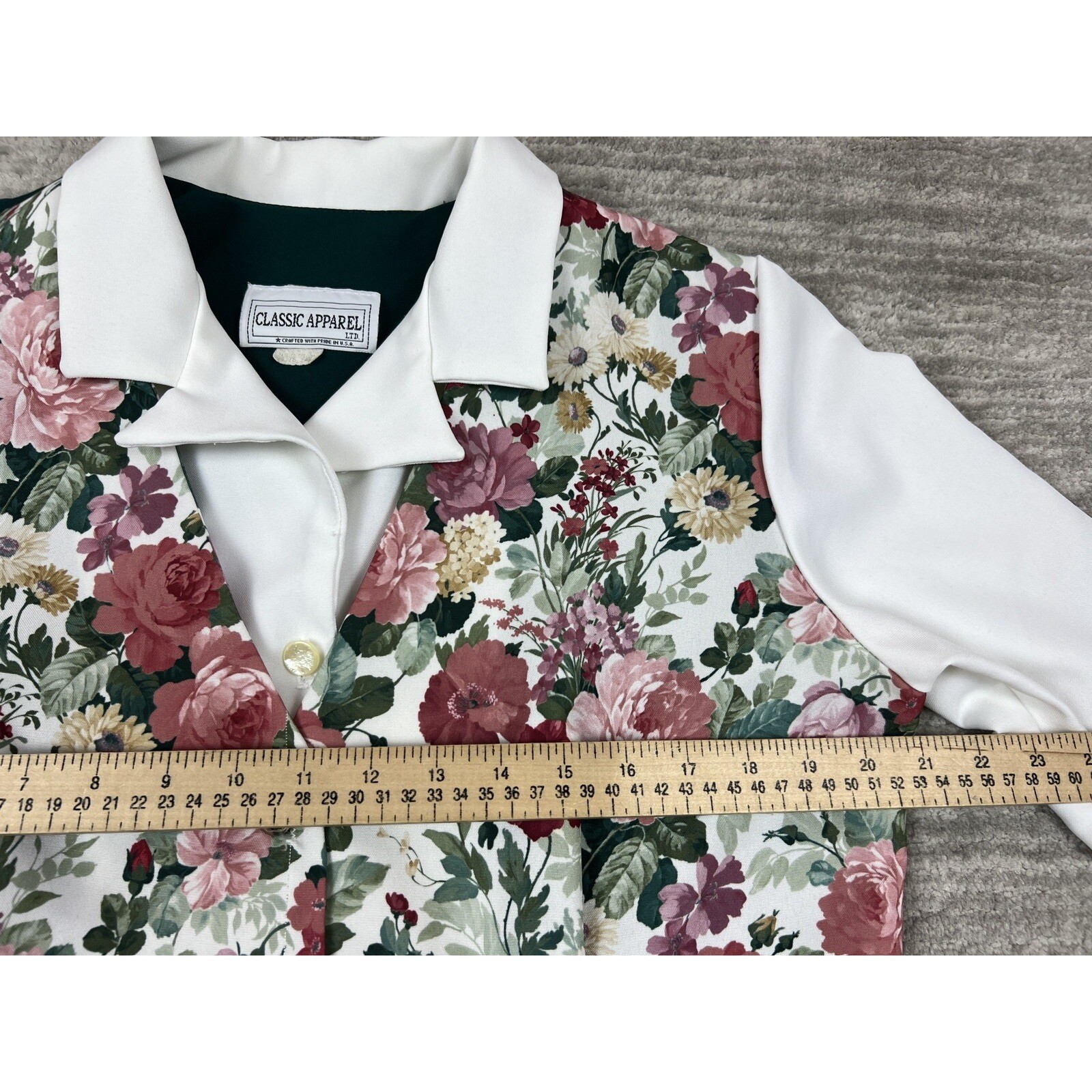 Classic Apparel Jacket Womens 12 White Floral Rose Print 3/4 Sleeve Button Front