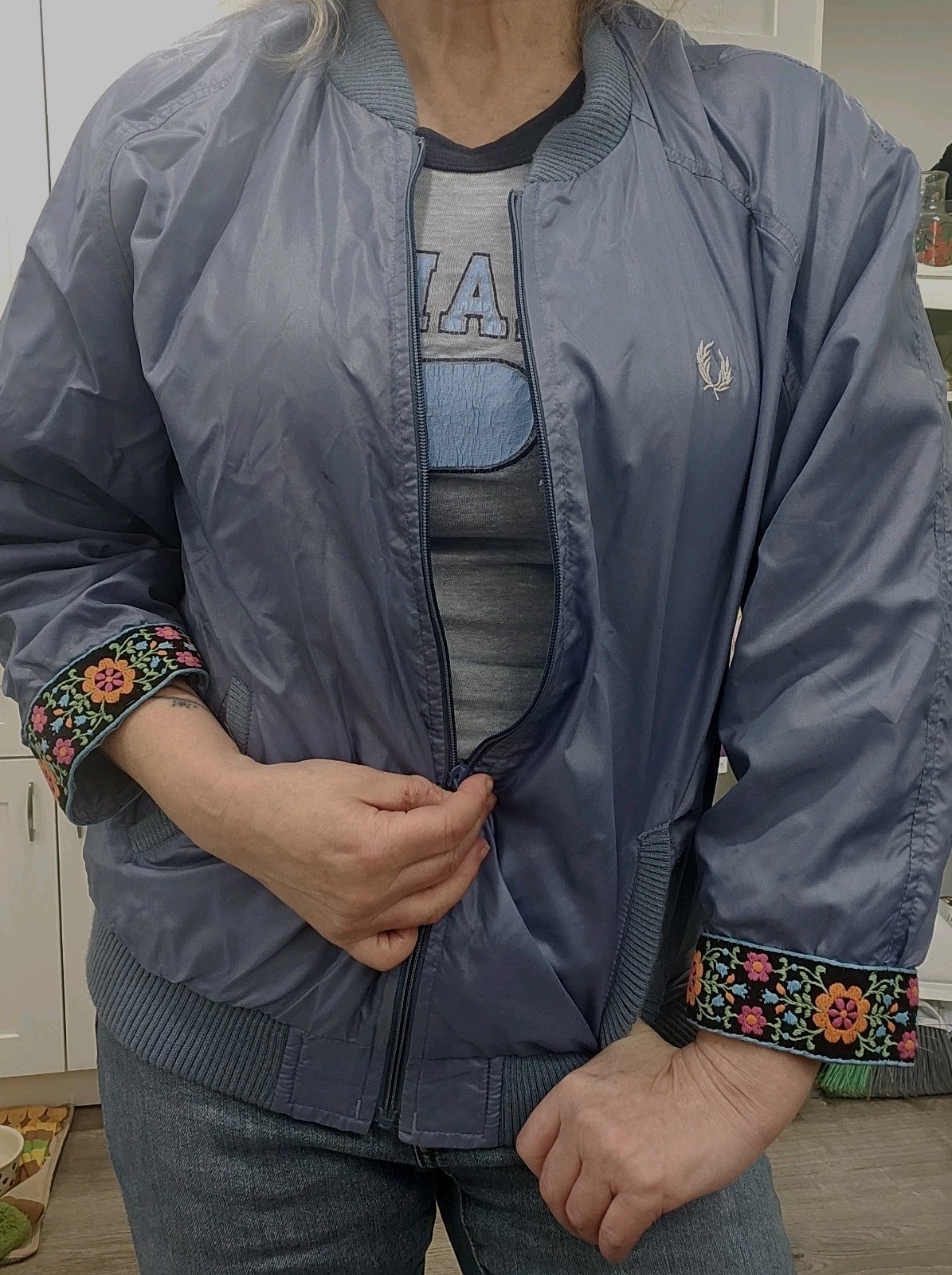 Fred Perry Bomber Jacket Baby Blue Upcycled Embroidered Sleeves M
