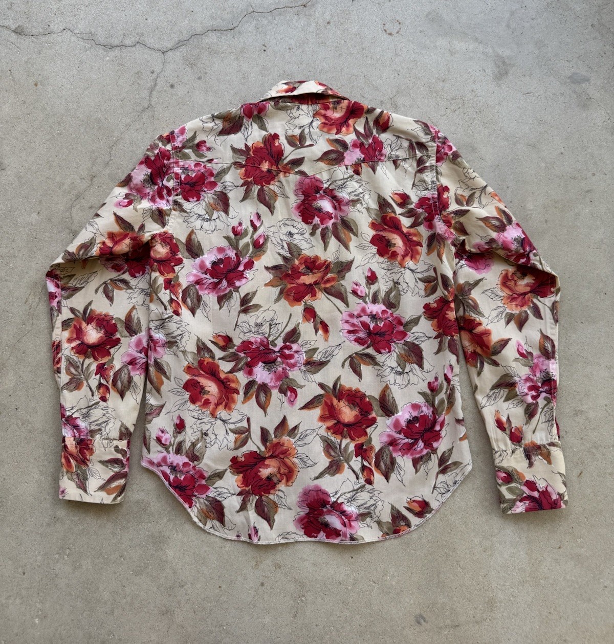 H Bar C Western Pearl Snap Ruffle Blouse Floral Rockabilly Shirt USA S Vintage