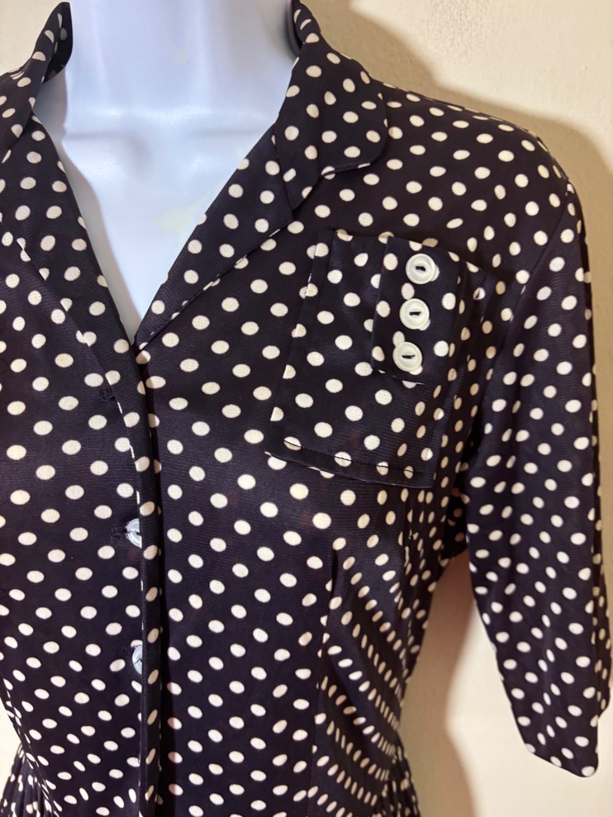 Vtg 50s Shirt Dress S Polka Dot Fit Flare Pinup Retro Rockabilly Button Pocket
