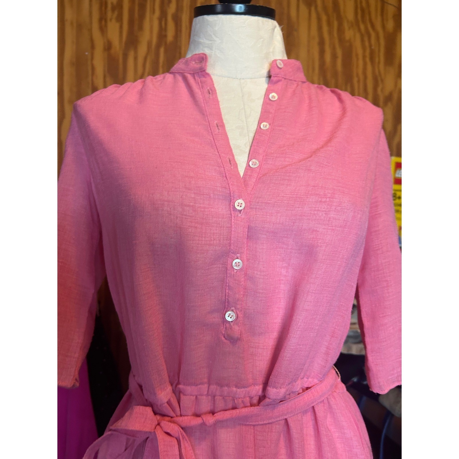 Vintage California Girl Pink Midi Shirt Dress Size 6 Linen Look Button Front Tie