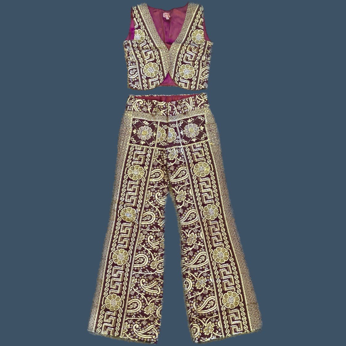 60s/70s Geometric Paisley Bell Bottoms & Vest Set India Imports Of Rhode Island