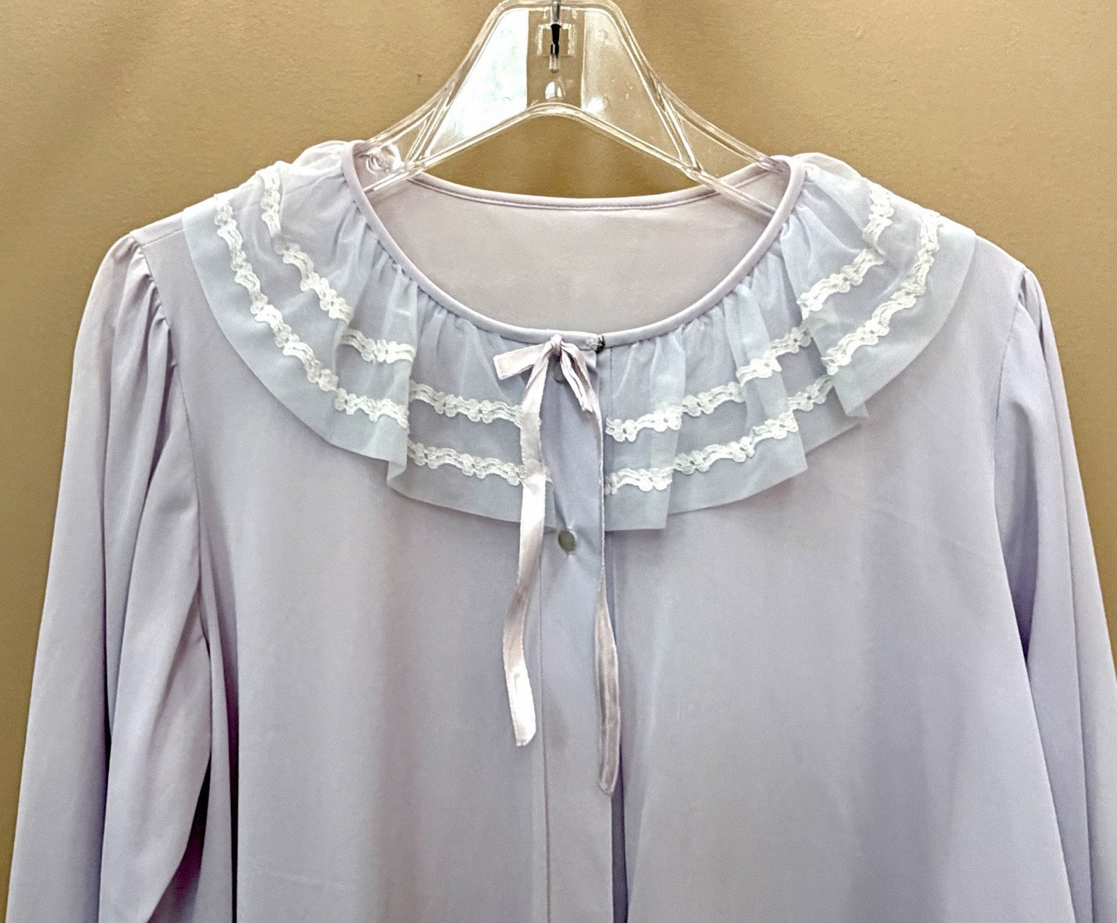 VTG 1950s MISS ELAINE Pale Lavender-Blue Pajama Top-BED JACKET PJ Sheer Lace M/L