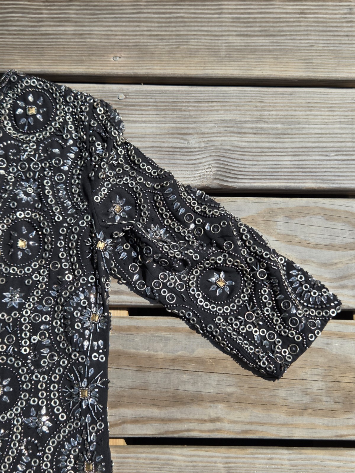 🍾Vintage Heavily Beaded Black Evening Dress Rhinestone Sequin Party Cocktail🍾