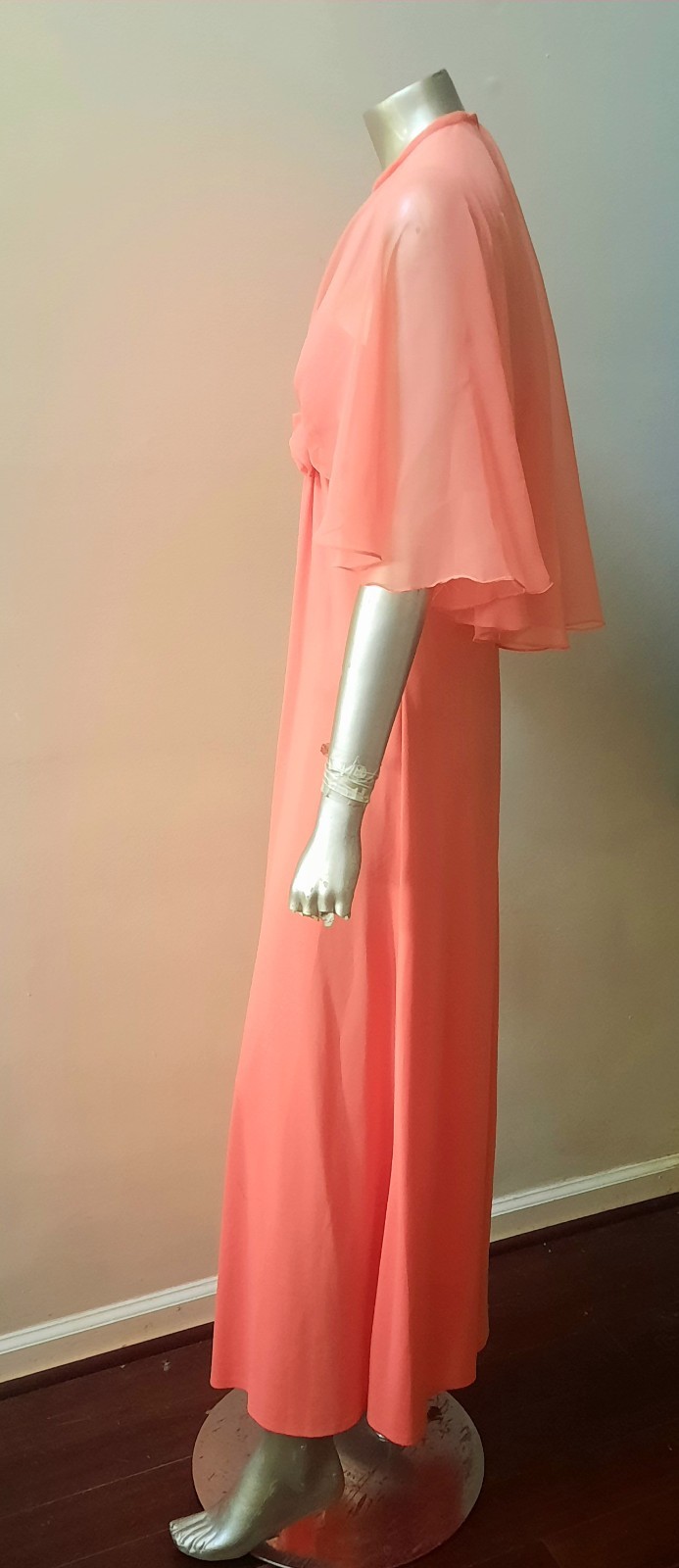 LORRI DEB 70S PEACH MAXI DRESS CHIFFON ATTACHED CAPELET SHAWL VTG PARTY sz S/M
