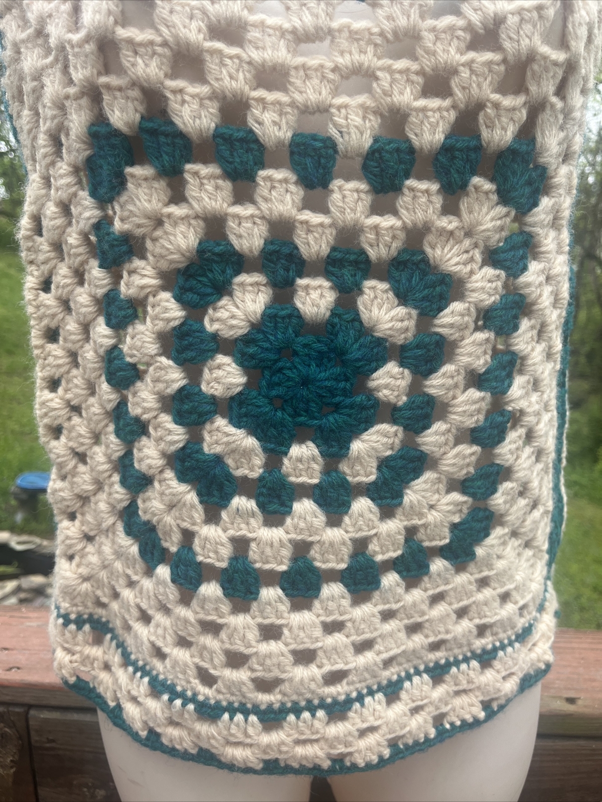 Vintage Retro Boho Chic Crochet Knit Granny Square Sweater Vest & Scarf Set OS