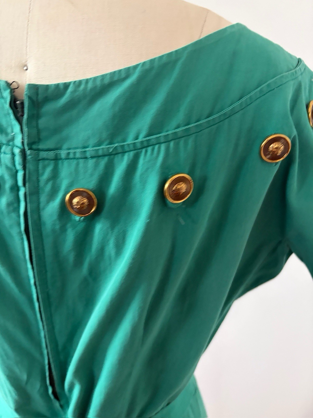 1950s Jade Green Polished Cotton Day Dress Midi Bateau Neck Crest Buttons Resort