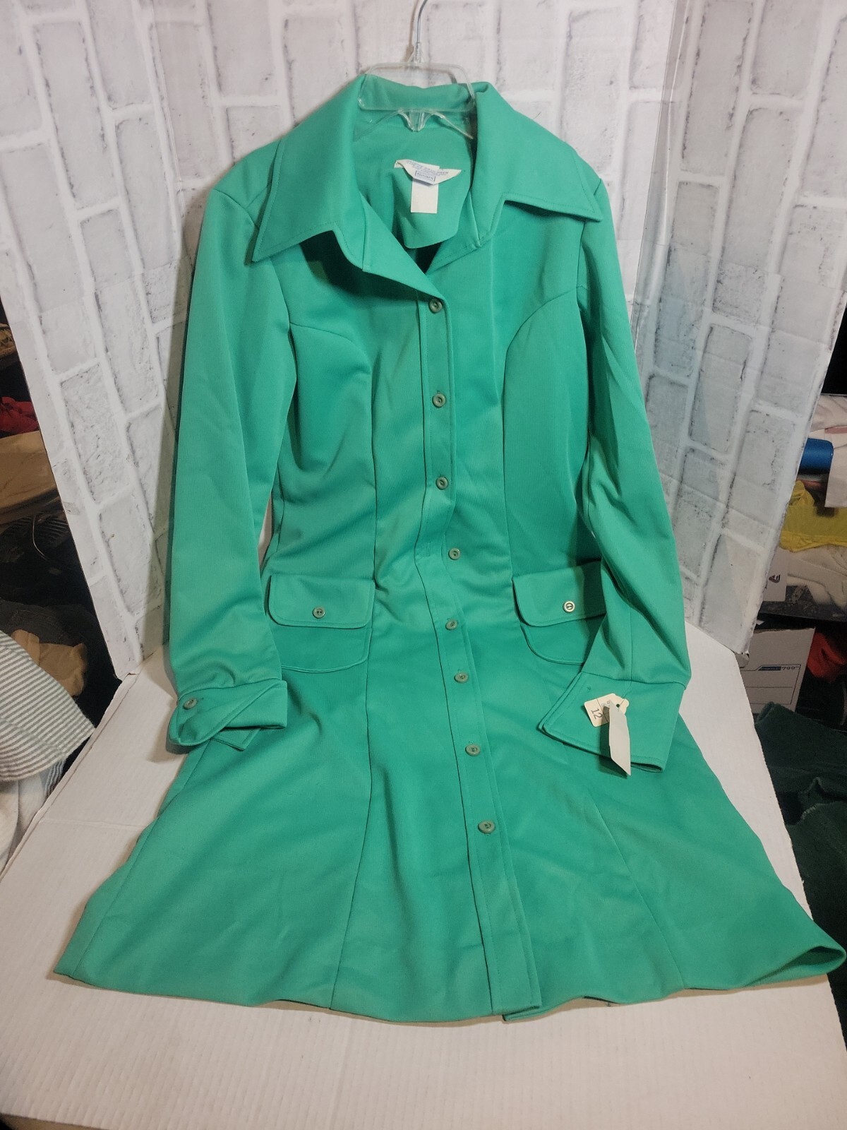 Vintage Sears Trench Coat Polyester Green Full Button Front Womens Size 12 NWT