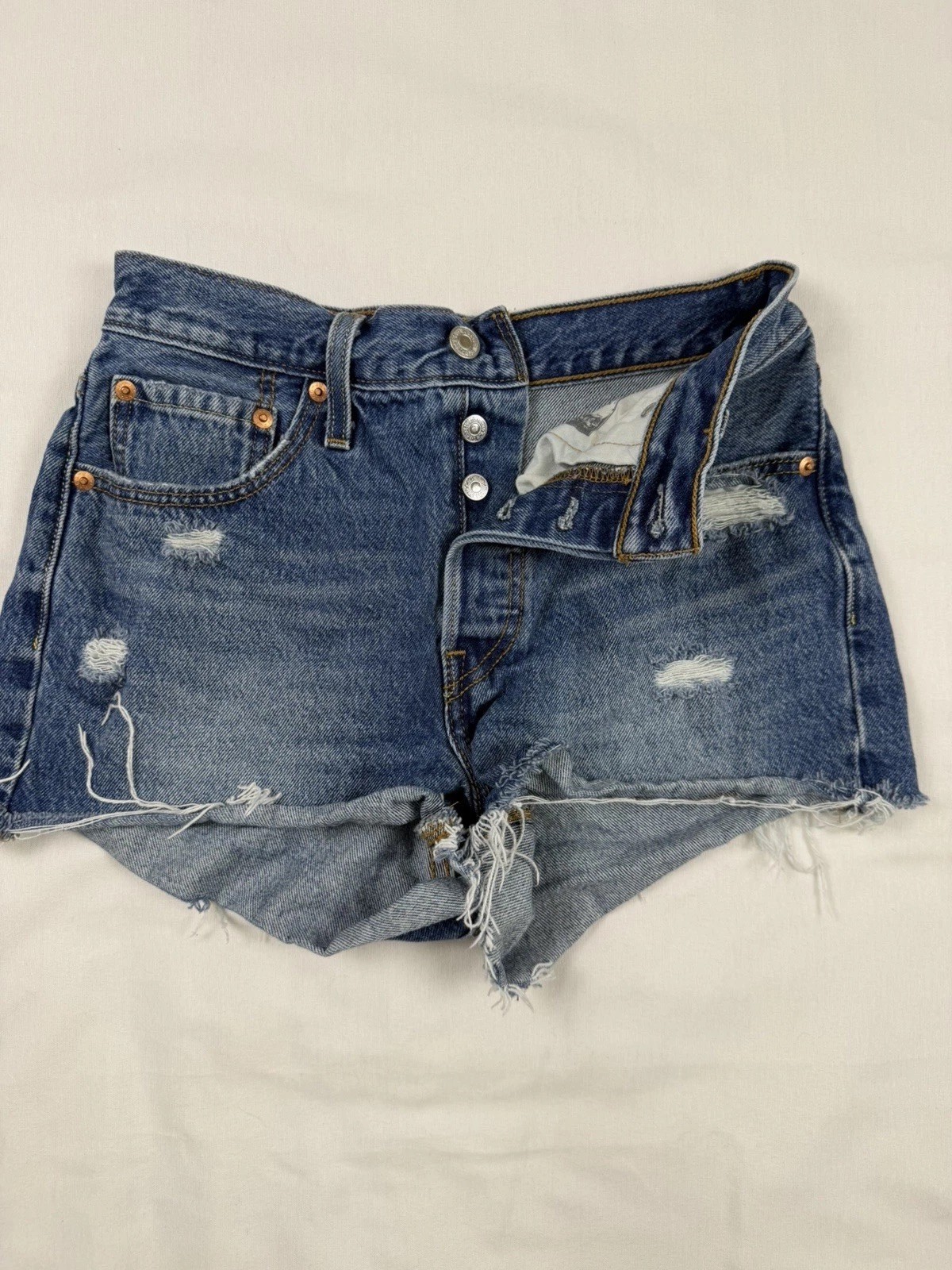 Levi’s 501 Cut Off Shorts Button Fly W27 Distress High Rise Denim Frayed Raw Hem