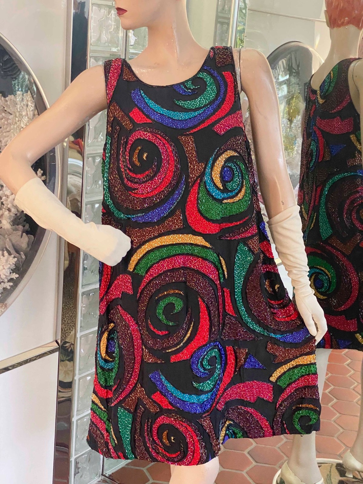 VTG 70s Black Silk Multicolor Psychedelic Beaded Dress 10 Unique A LINE