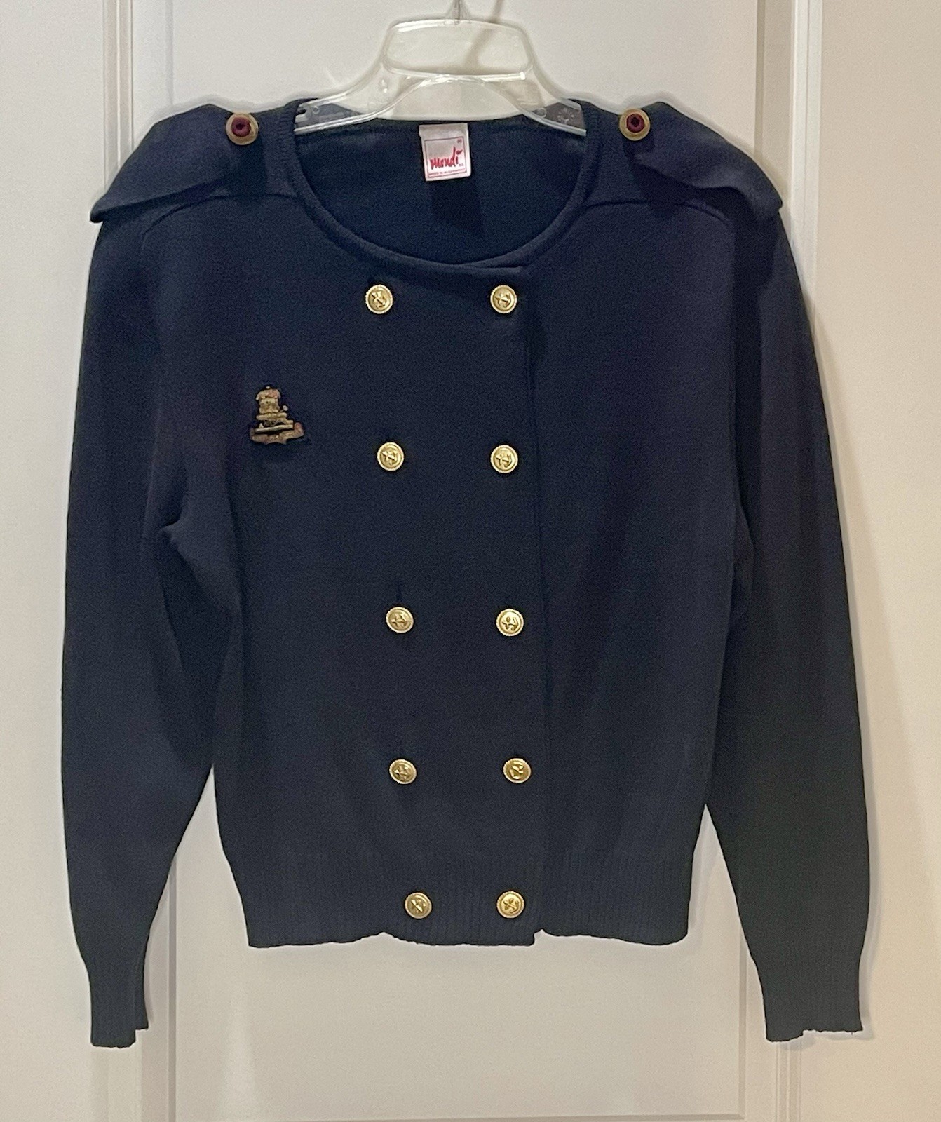 Vintage 80s Mondi Navy Military Style Double-Breasted Button Sweater W. Germany