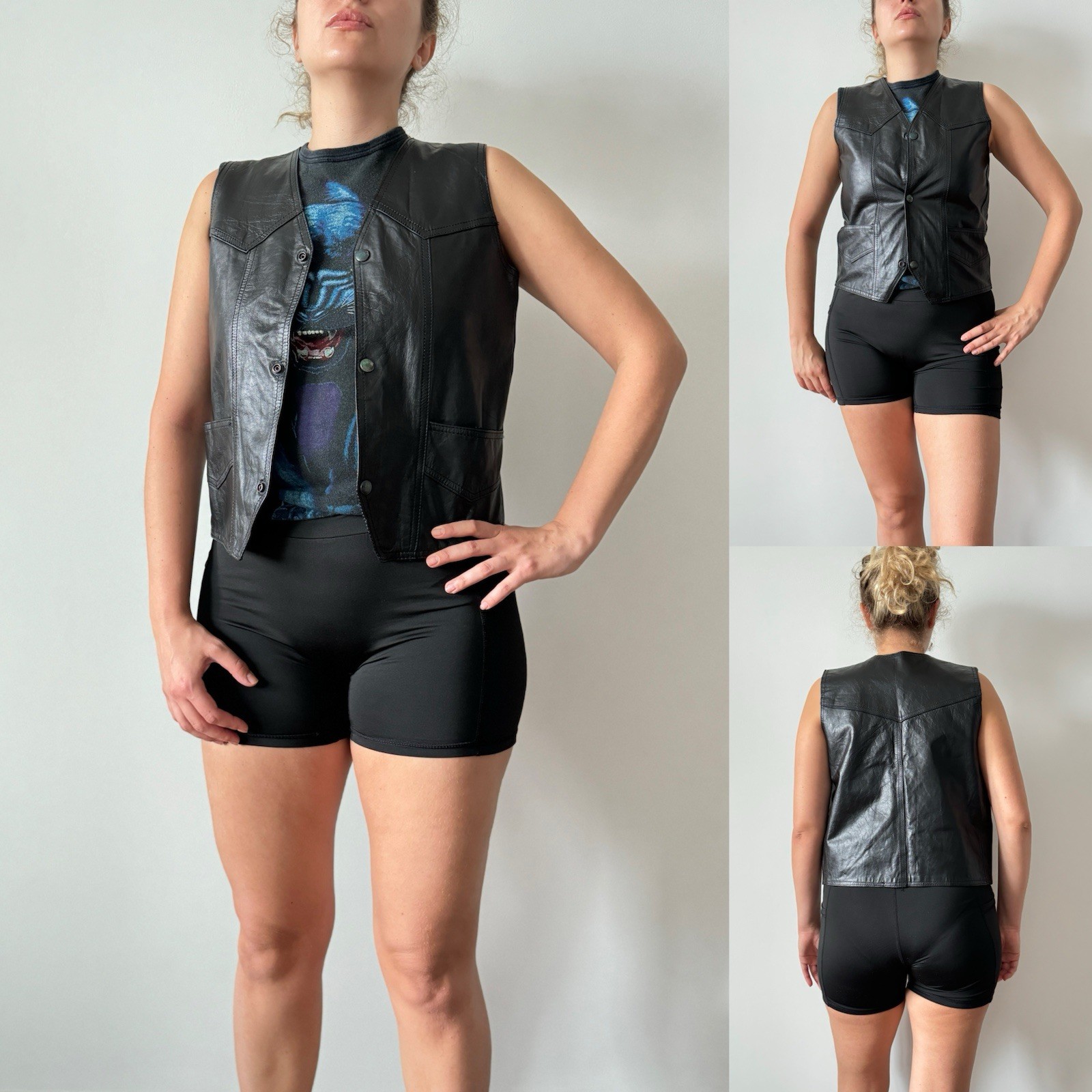 vintage cowhide genuine black leather biker motorcycle chopper festval vest S