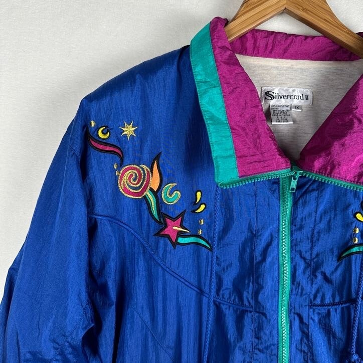 Women’s 1X Windbreaker 90s Silvercord II Blue Purple Retro Full Zip Jacket Vtg