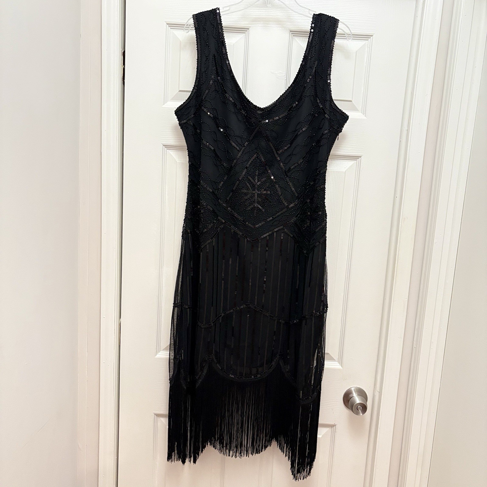 Black Sequin Beaded Flapper Dress Gatsby Fringe Mesh Cocktail Party Dress 3XL