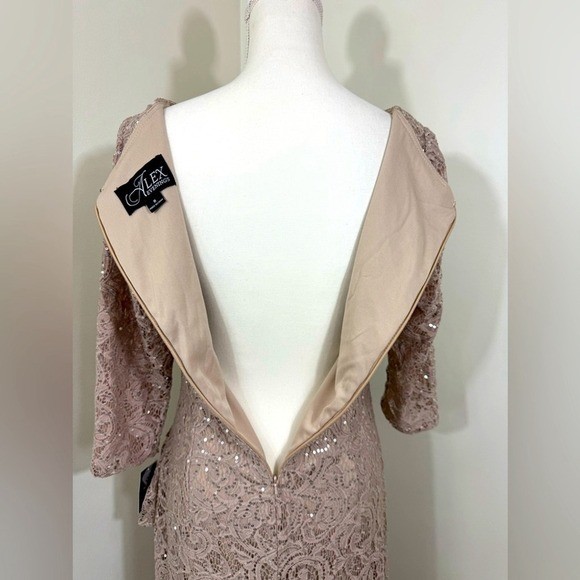 Alex Evenings Sequin Lace Gown 3/4 Sleeves Cascade Detail Front Slit Size 8 NEW