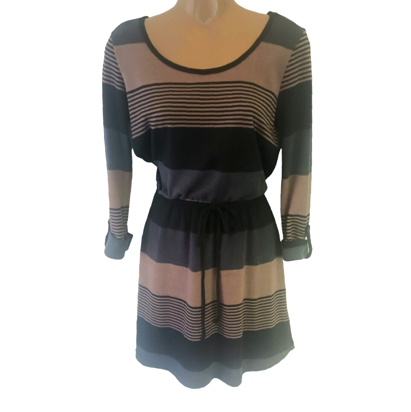 90s Y2K Mini Dress Office Teacher Tan Gray Drawstring Tab Sleeves Stripes M