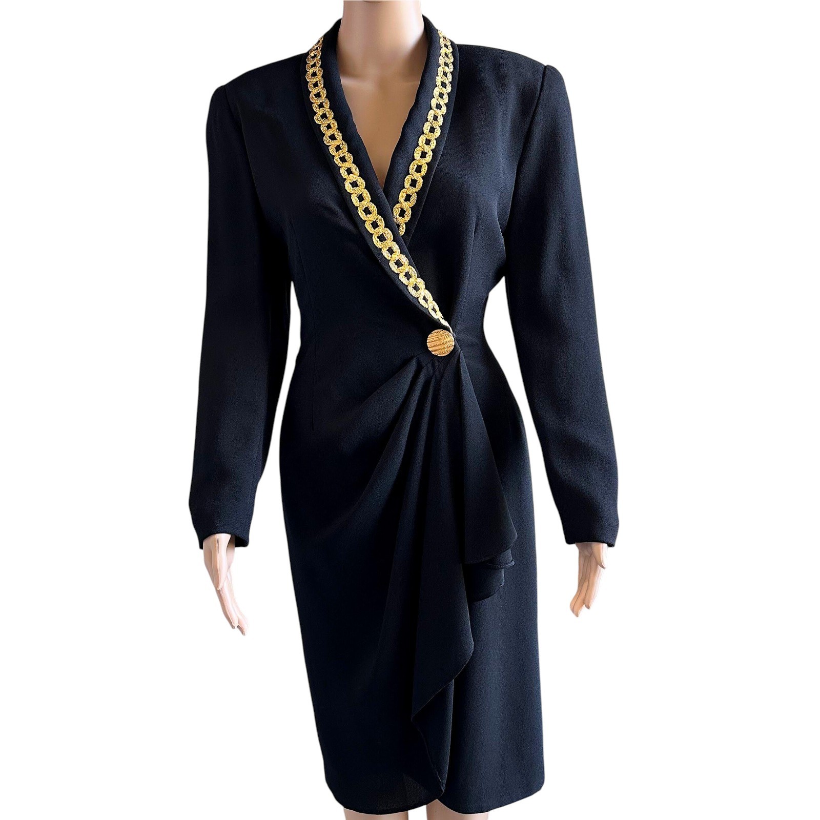 Vintage BICCI BY FLORINE WACHTER Black Gold Chain Trim Wrap Midi Dress Size 8