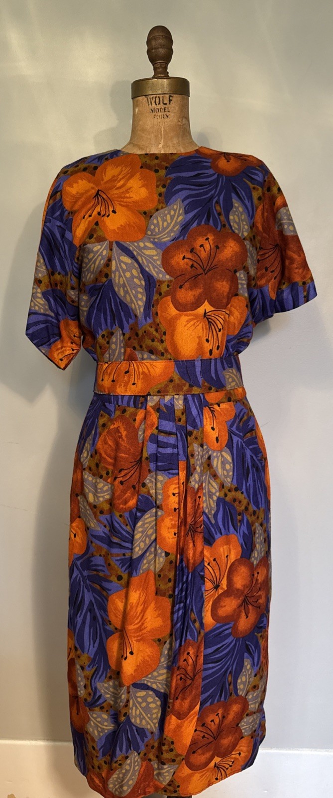 Vintage Jeffrey & Dara Tropical Print Faux Wrap Pencil Wiggle Dress Belt 5/6 USA