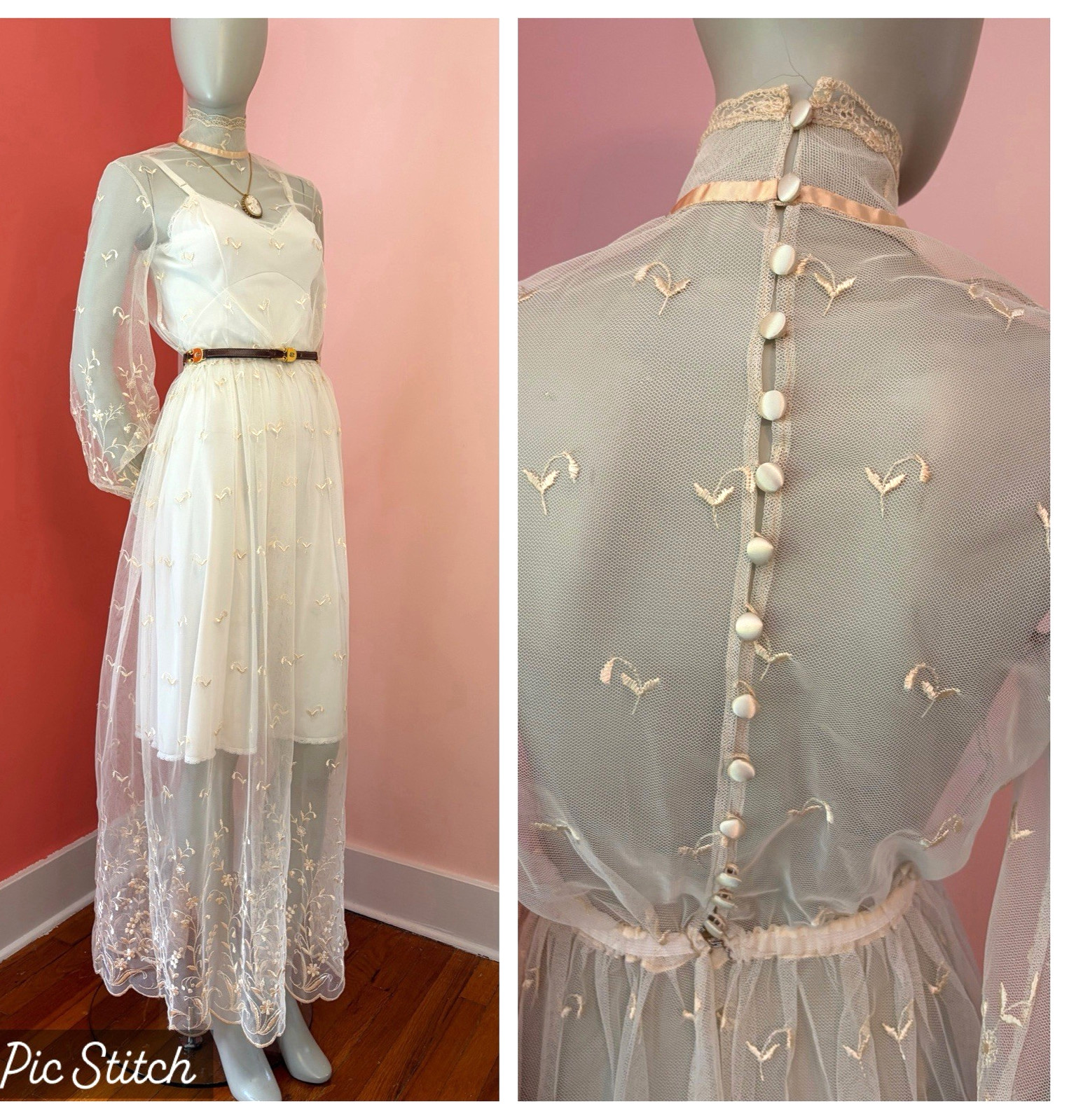 VTG Victorian 70s Ivory Sheer Lace Prairie dress boho maxi wedding full slip S