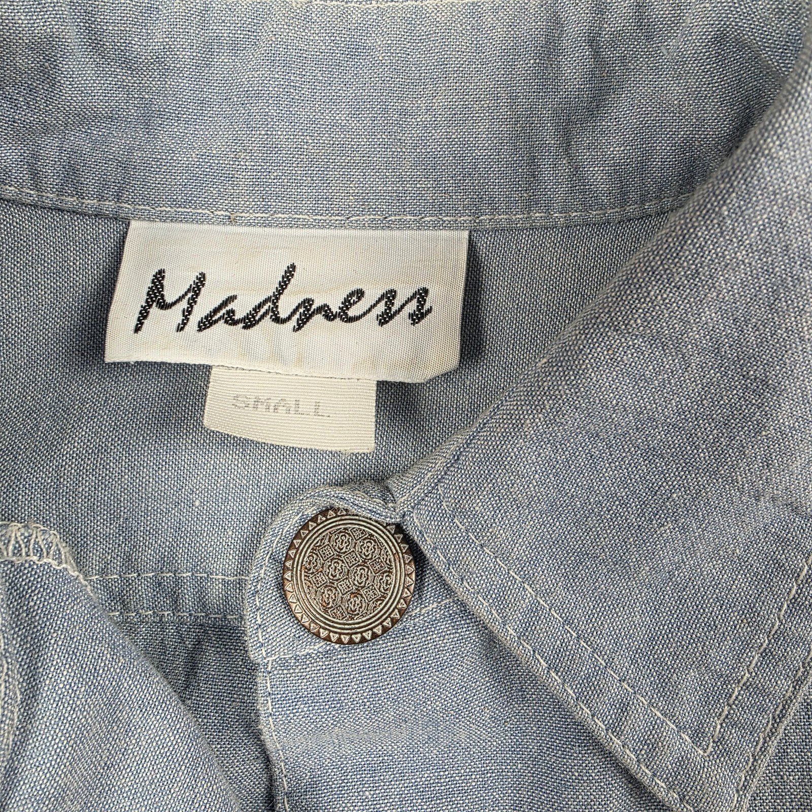 Madness Vintage USA Chambray Bodysuit Womens S Artsy Travel Americana Patches