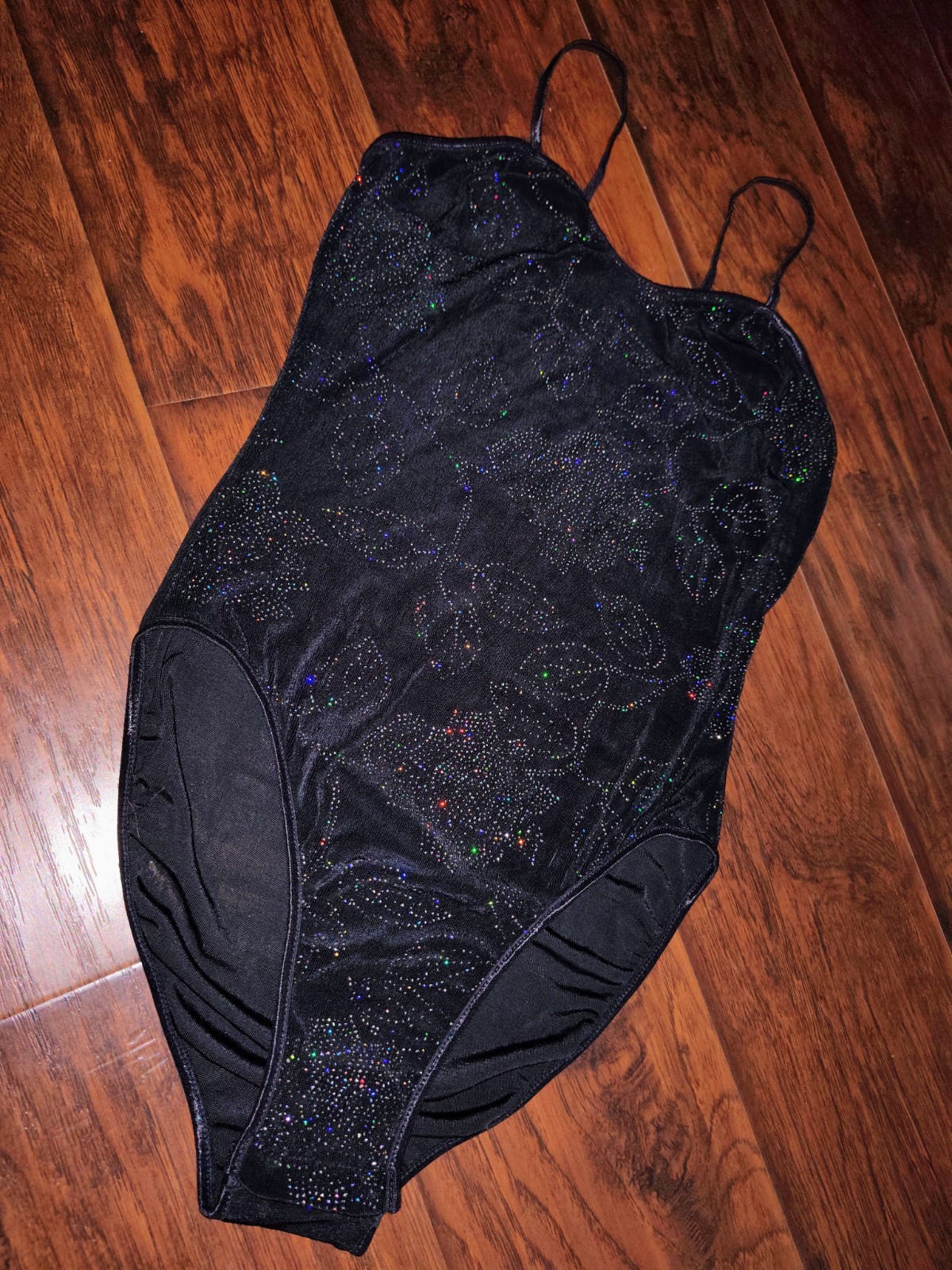 Vintage 90s De La Rose iridescent roses black bodysuit Size S Stretch NYC Y2K Tx