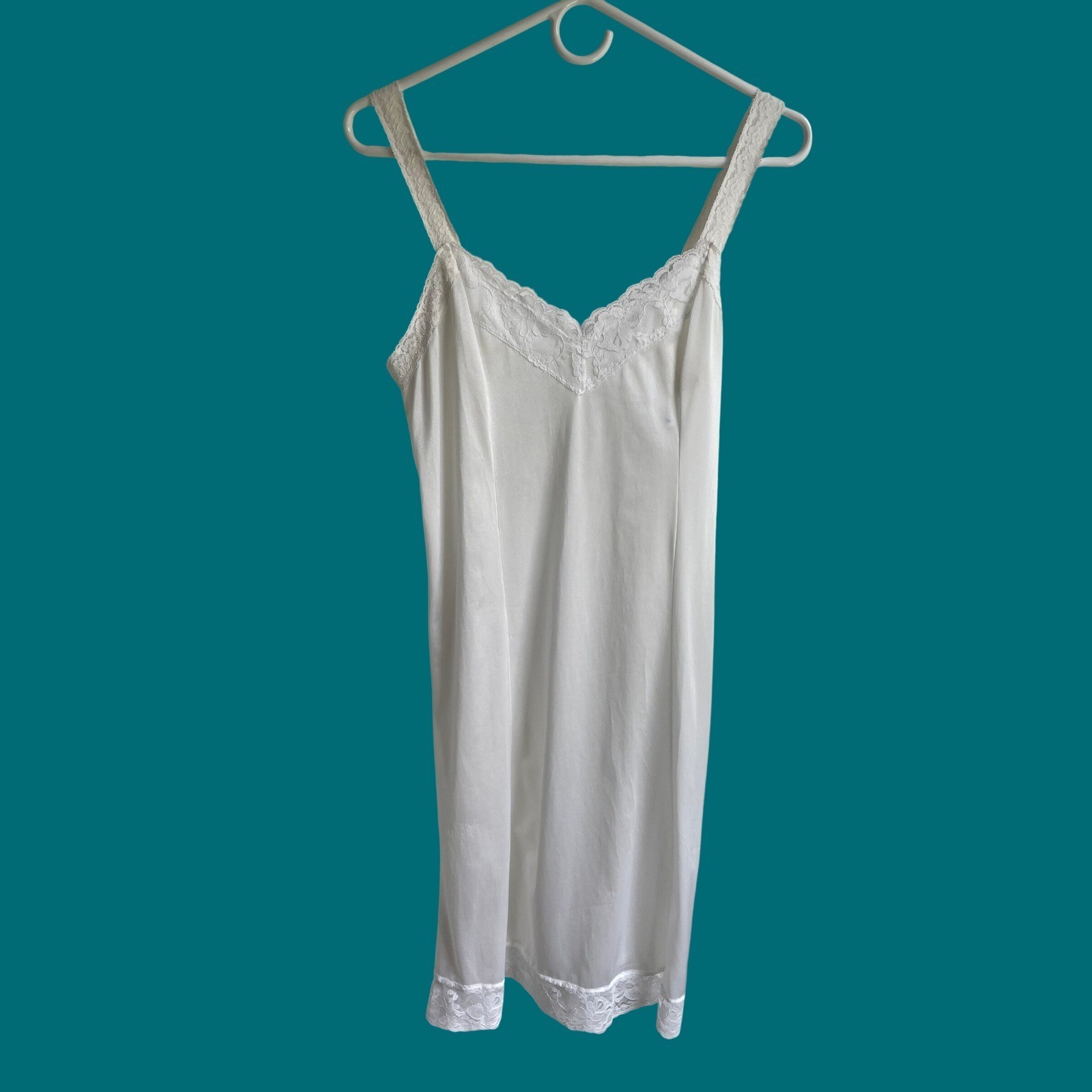 Vintage White Lace Full Slip Dress Semi Sheer Lingerie Nightgown Coquette S
