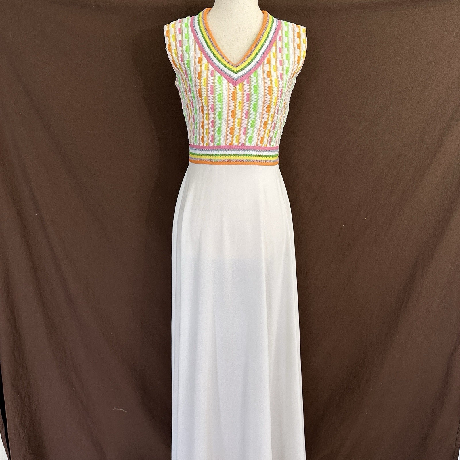 Vintage 60s 70’s Handmade Retro Maxi Dress XS Empire Waist Rainbow