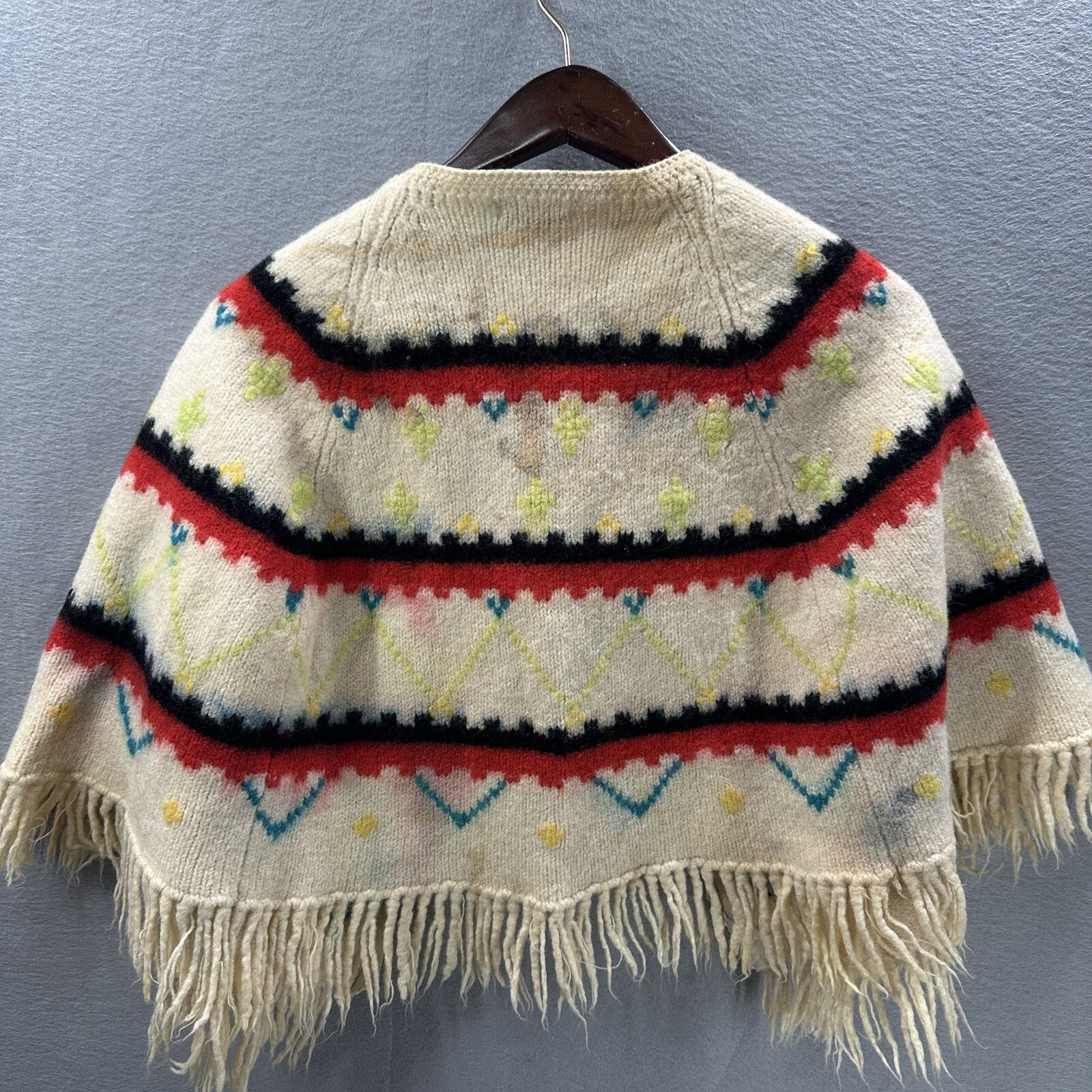 Vintage Barbara Lee Fringed Cape Shawl Poncho Aztec Wool Womens M Native READ