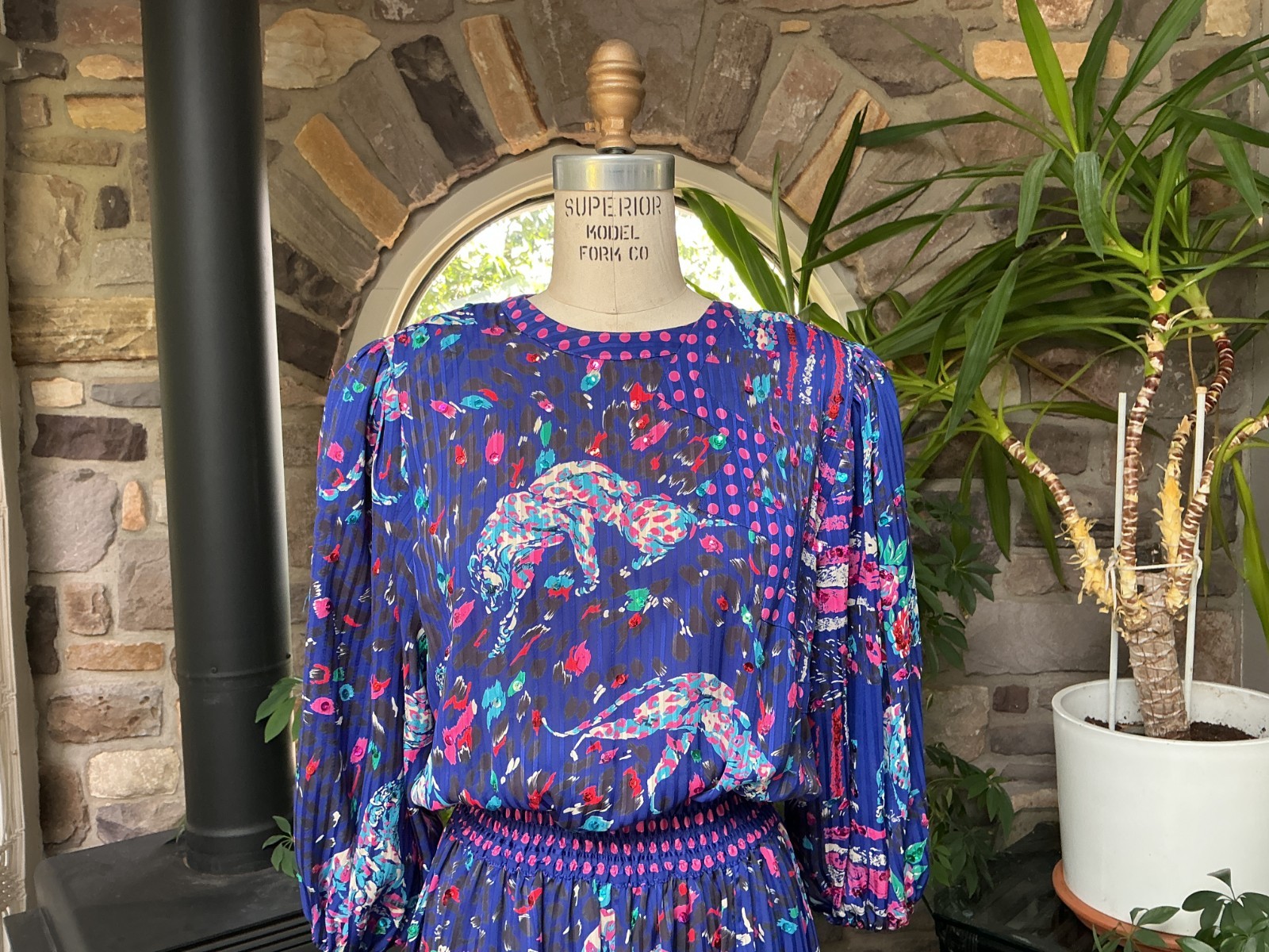 Vintage Blue and Pink Sequin Panther and Floral Print Midi Dress Diane Freis
