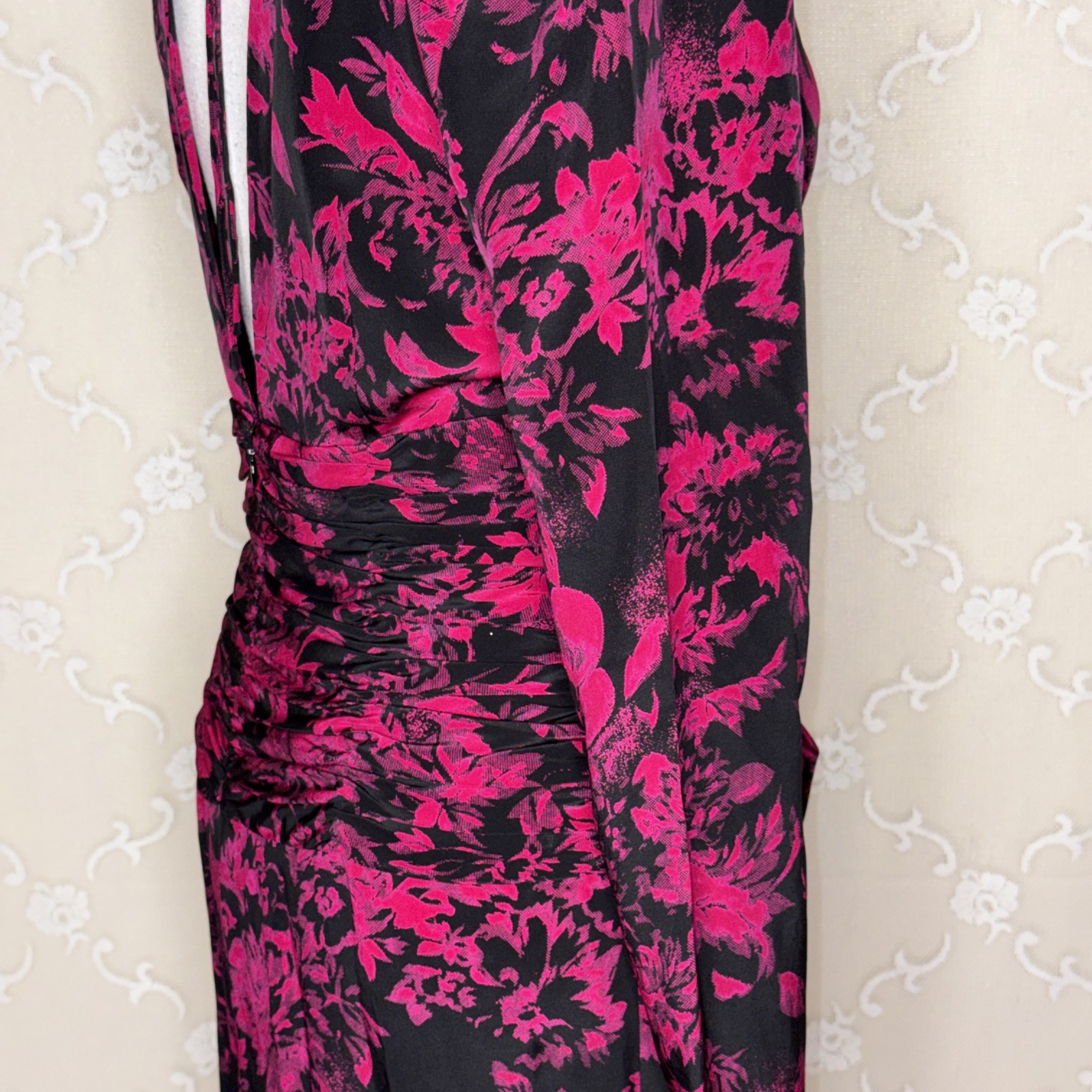 VTG Yves Cassette Magenta & Black Silk Bust Lined Cocktail Dress Sissy Bow SZ 10