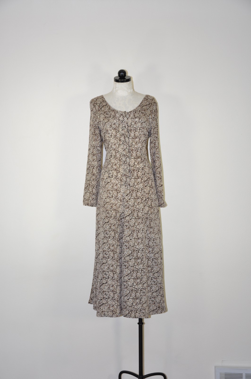 90s Vintage Brown Romantic Floral Long Sleeve Tie Back Grunge Dress Women S M
