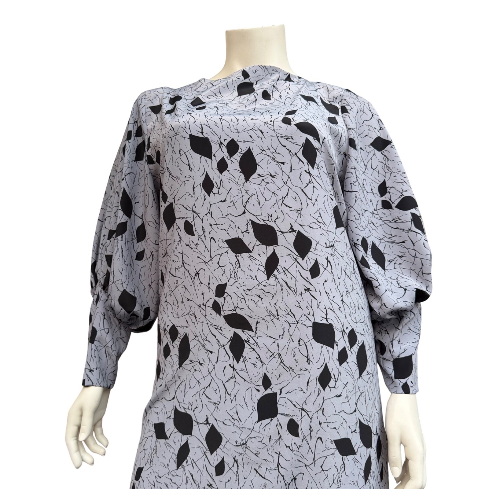 Murray Meisner Vintage Shift Dress Midi Balloon Sleeve Blue Black Leaf Print 14