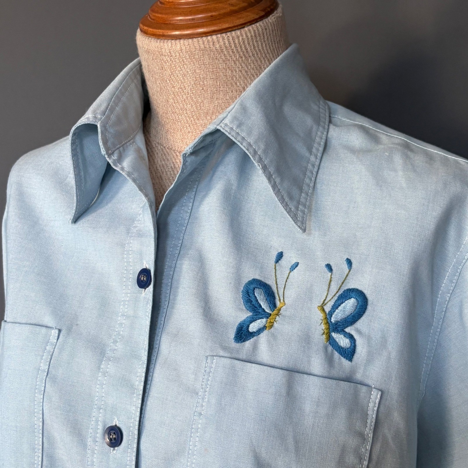 Vintage H. Cerda Hand Embroidered Butterfly Shirt | Mexican Folk Art | 1970s