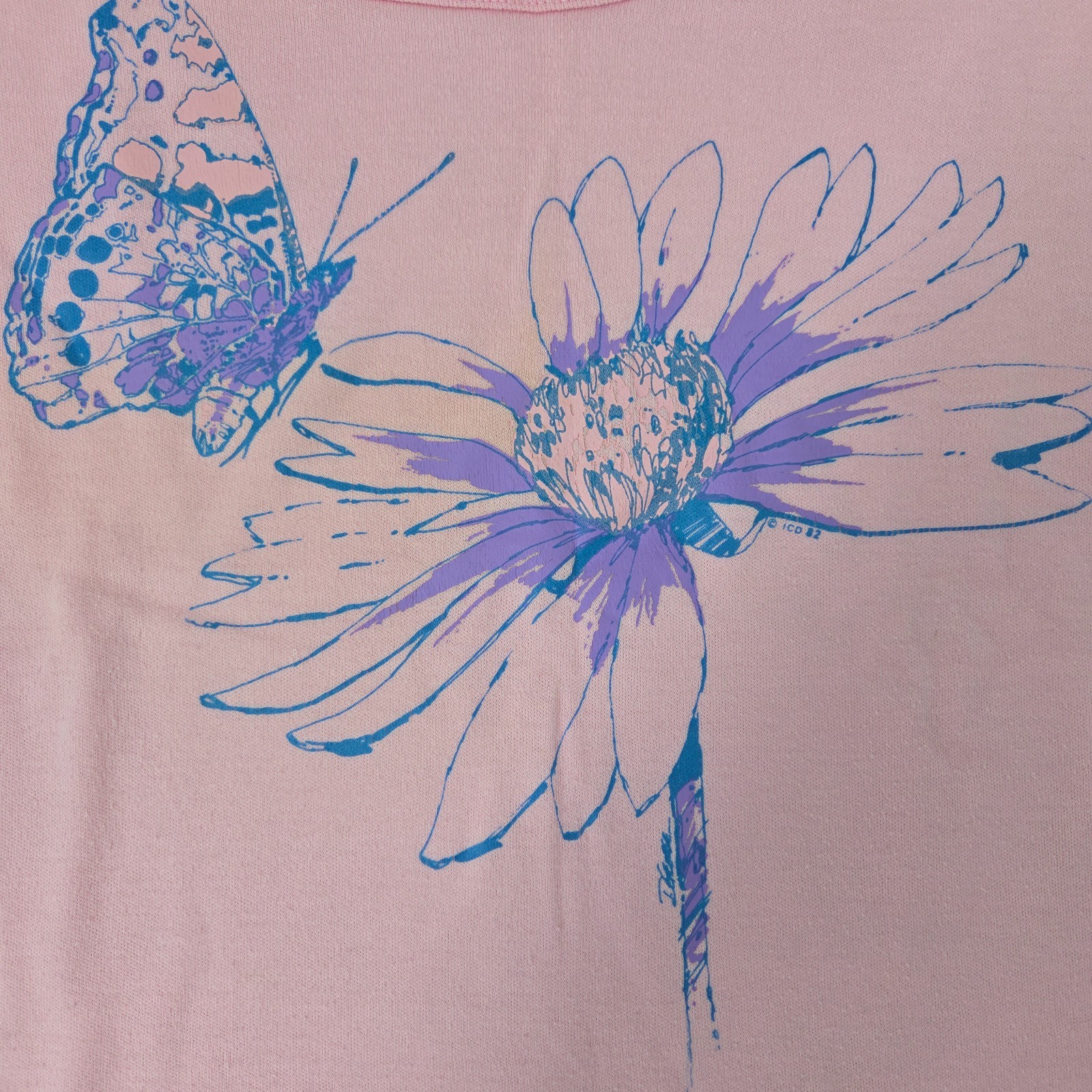 VTG 1982 Women’s Baby Tee Graphic Shirt Sz Lg 50/50 USA Made Butterfly Flower