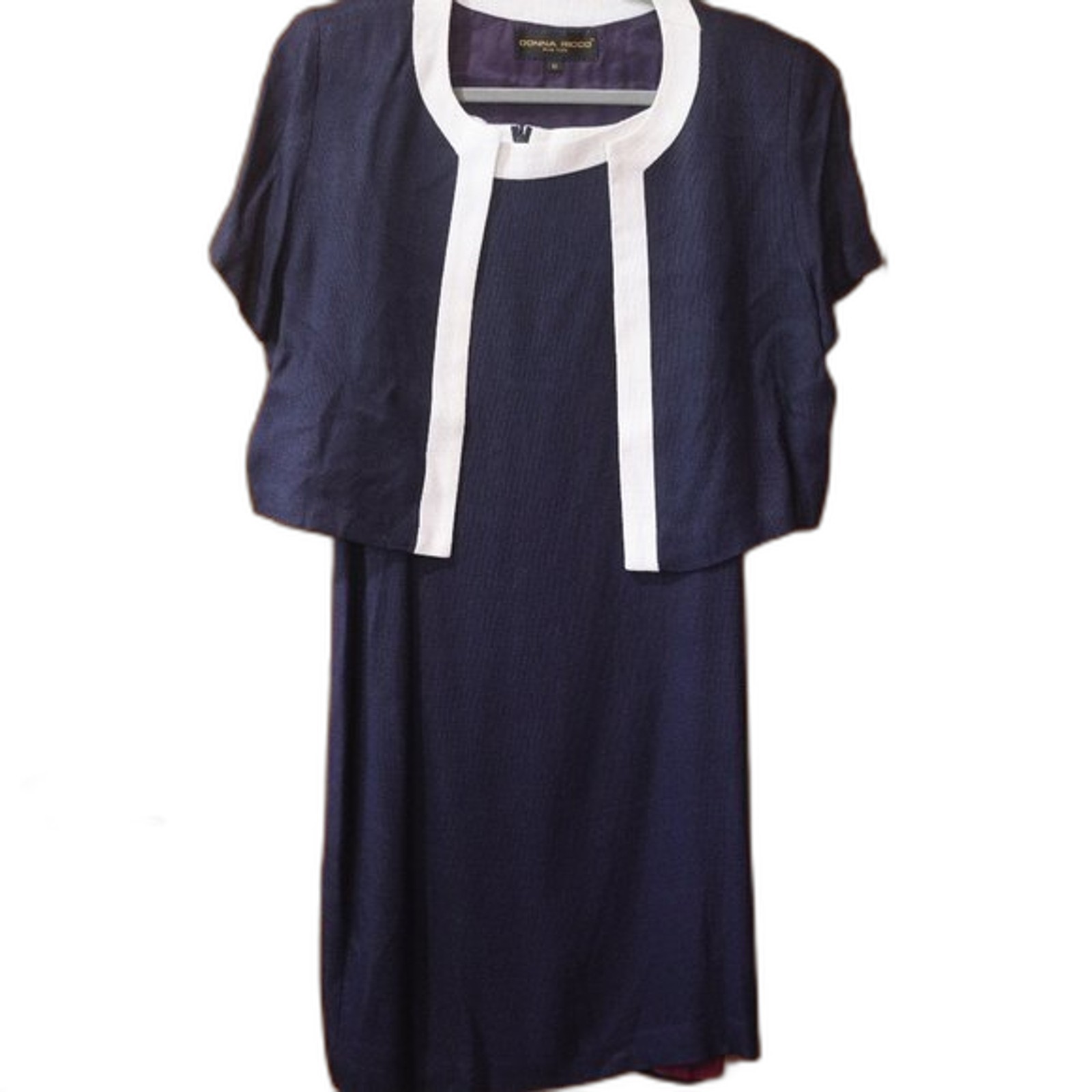 Donna Ricco Vintage Navy Blue White Trim Midi Dress & Jacket Set 12