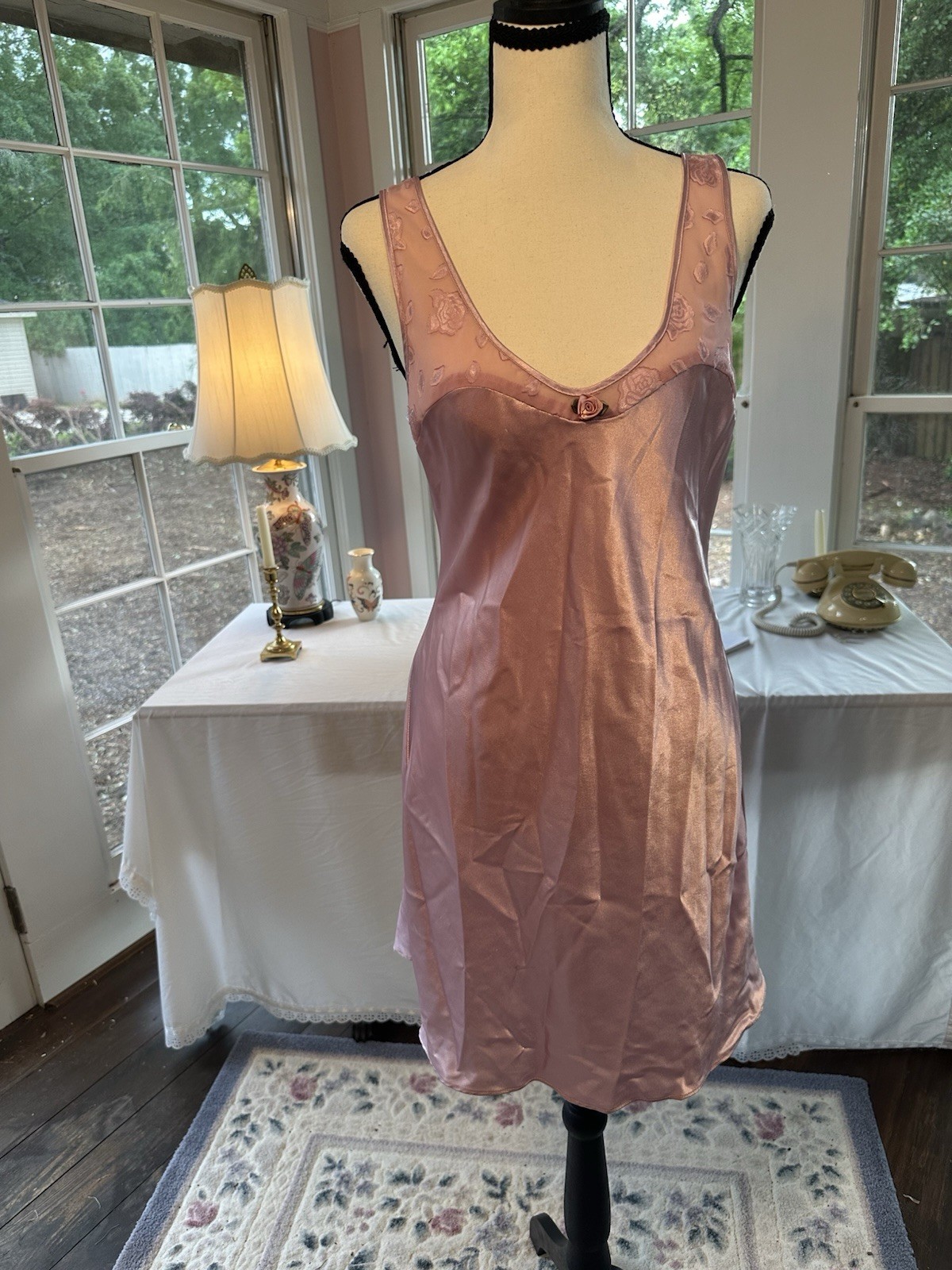 Vintage 90s Pink Silky Nightgown Sheer Rose Straps Nightie Intimates PJ Sz Small