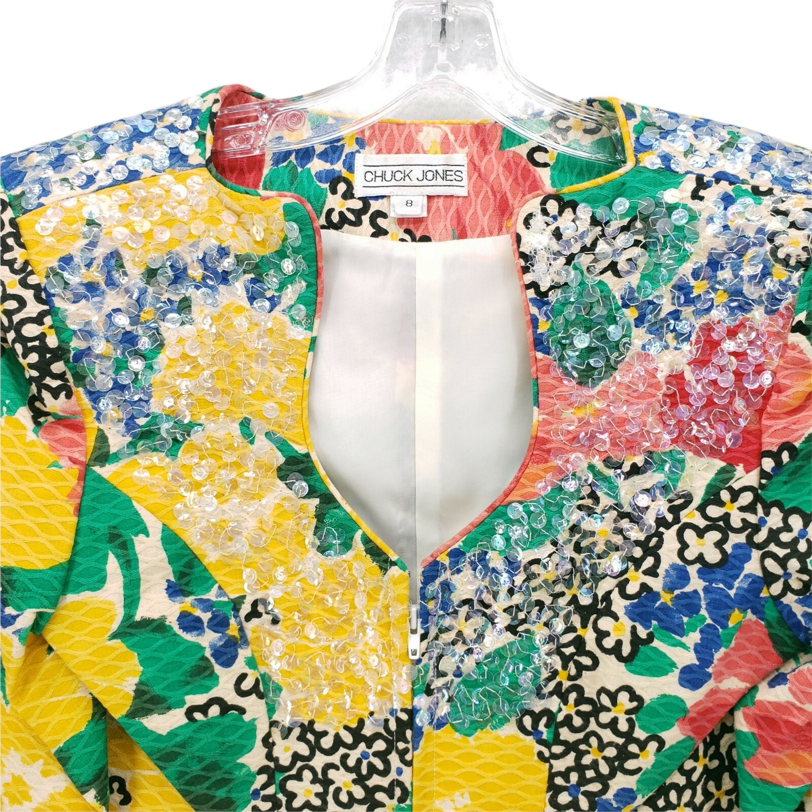 VINTAGE Chuck Jones Sequin Colorful Floral Blazer Jacket Size 8