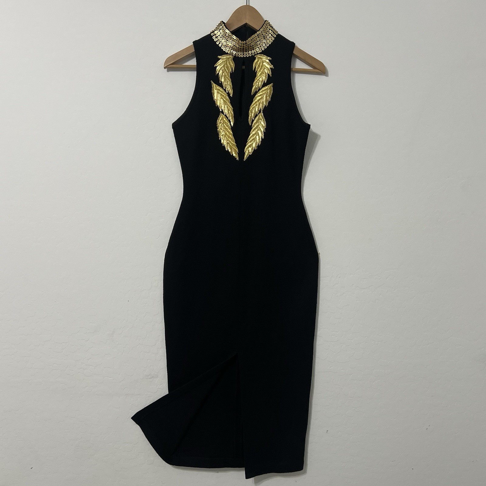 Vintage 80’s Casual Corner Gold Sequin Leaf Dress | Grecian Choker Wiggle Midi