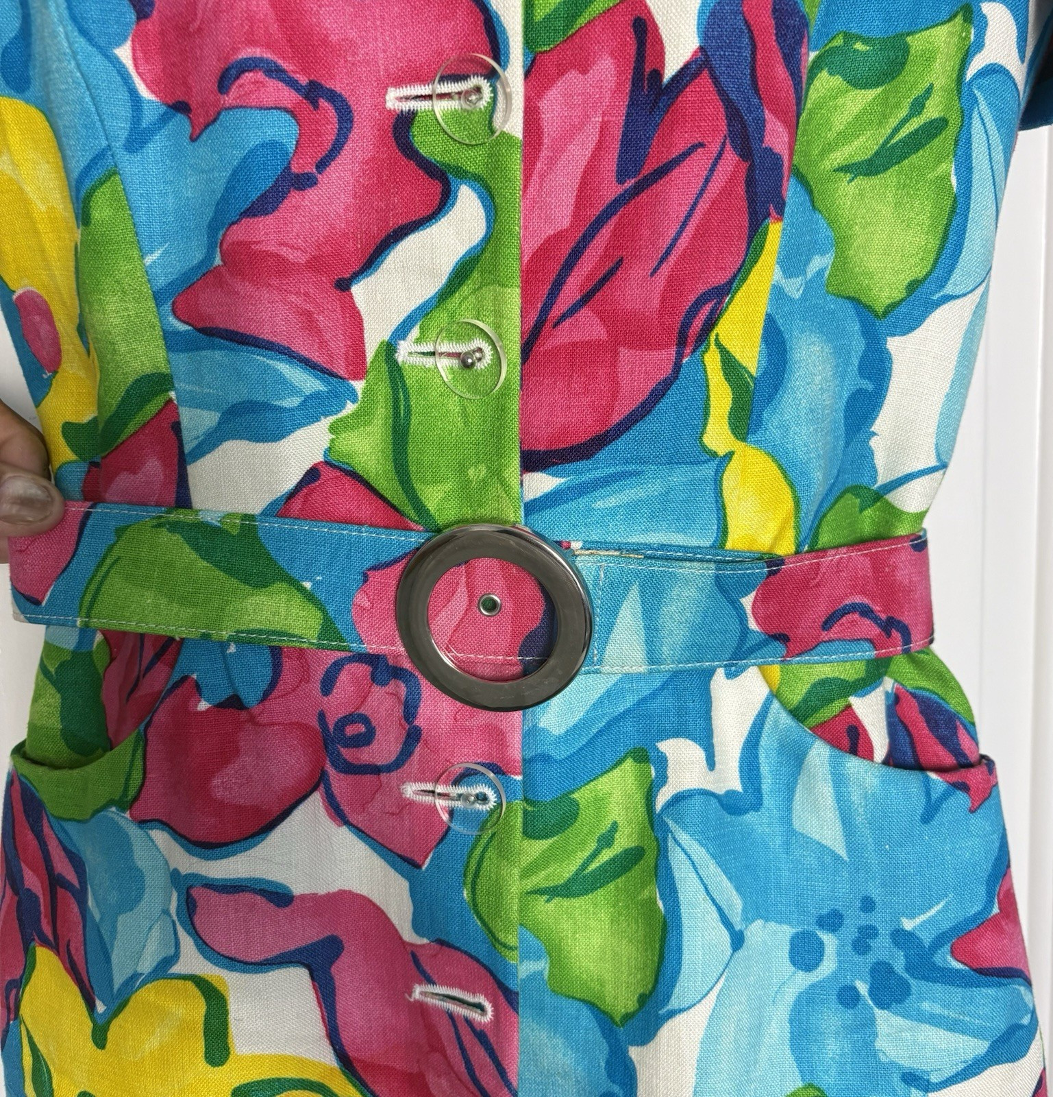 Vtg Luca Luca Italy Linen Sheath Dress Floral Italy 42 US 6 *see measurements