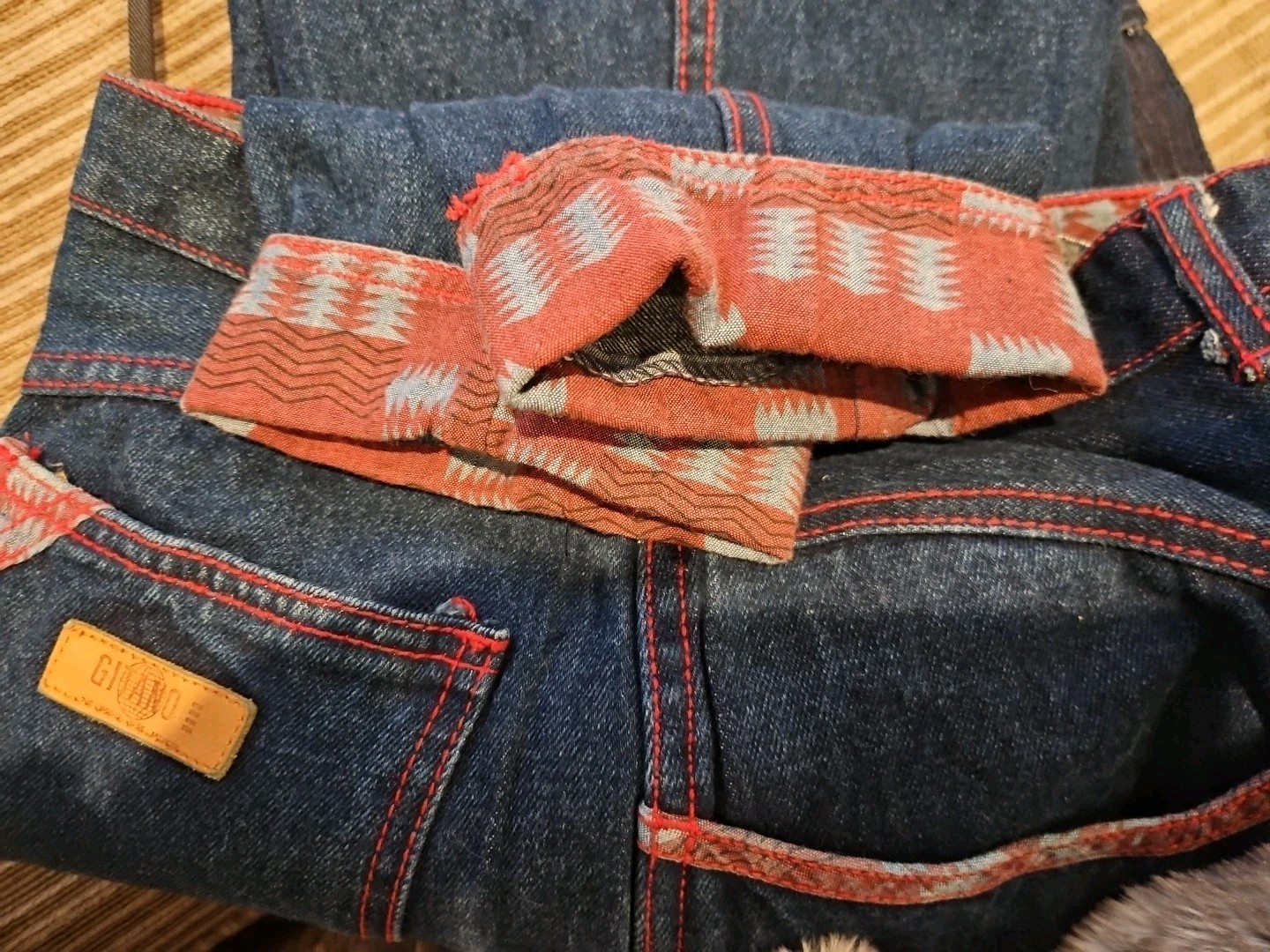 80s VTG Gitano Womens Blue Denim Red Stitching Tribal Accent Cuffs/Pockets Y2K