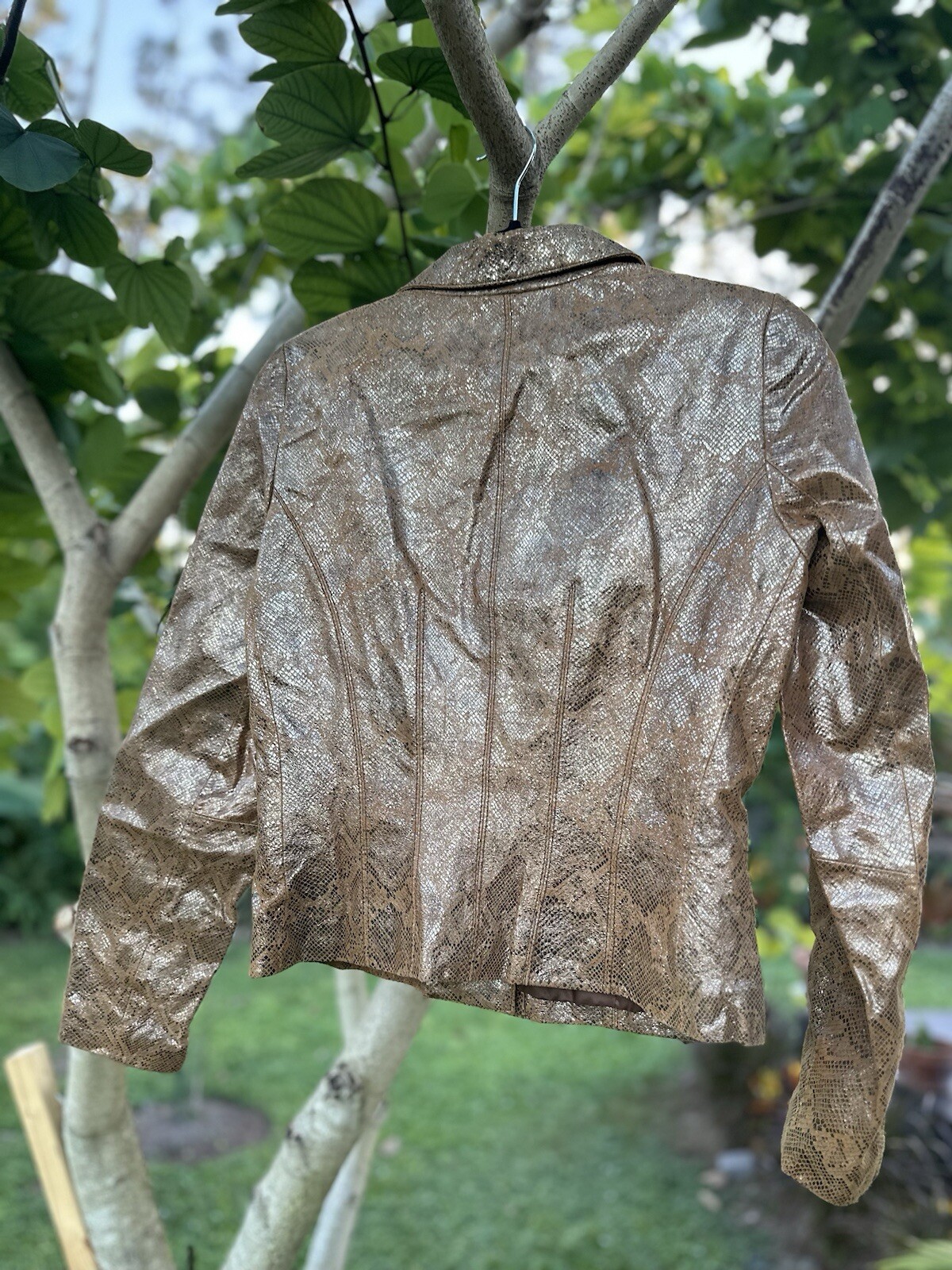Vtg 90’s Designer Vakko Blazer Leather Jacket Metallic Snake Print Mustard Sz8