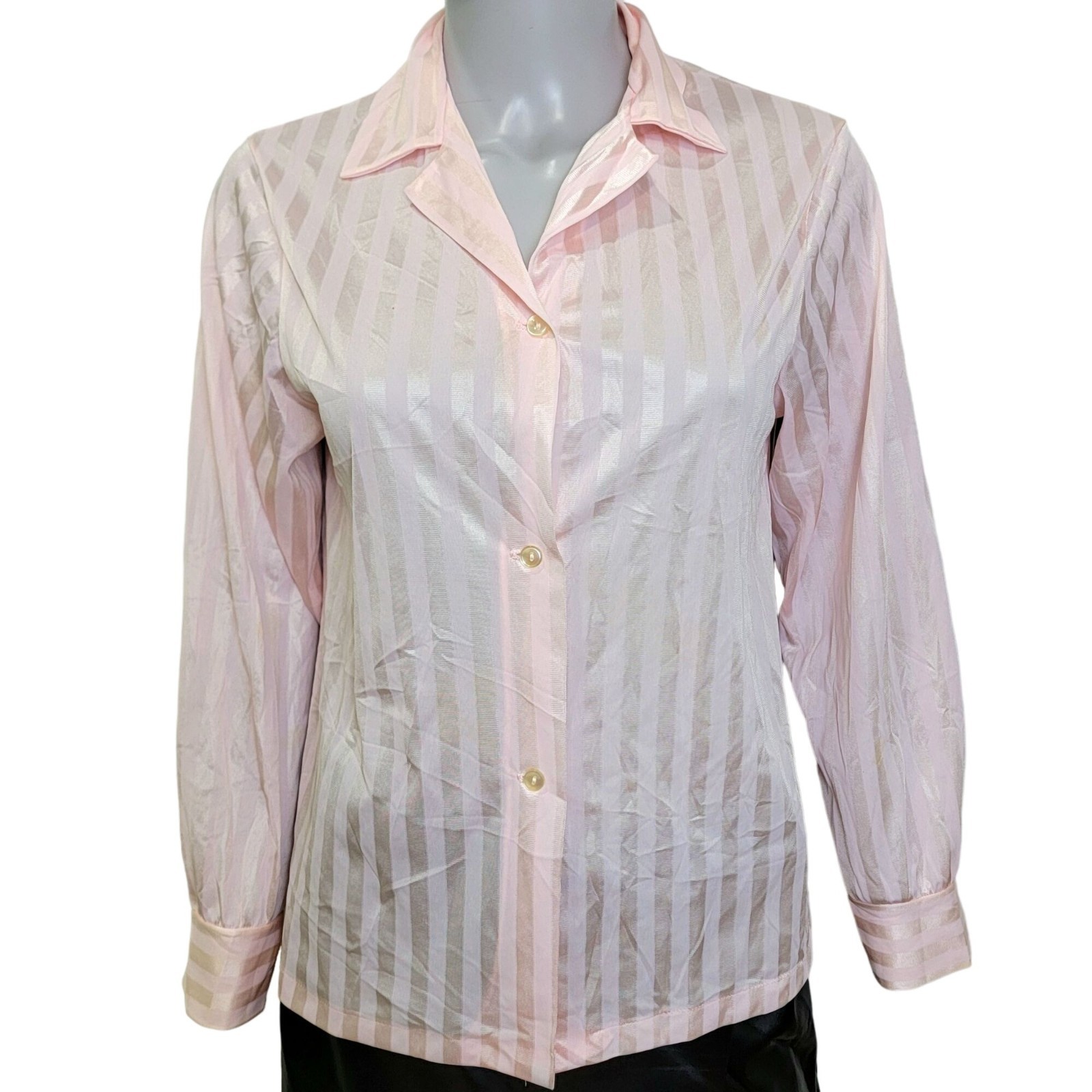 Sears Vintage 70s Nylon Blouse Women Medium 8 10 Pink Gold Shirt Top Spring Fall