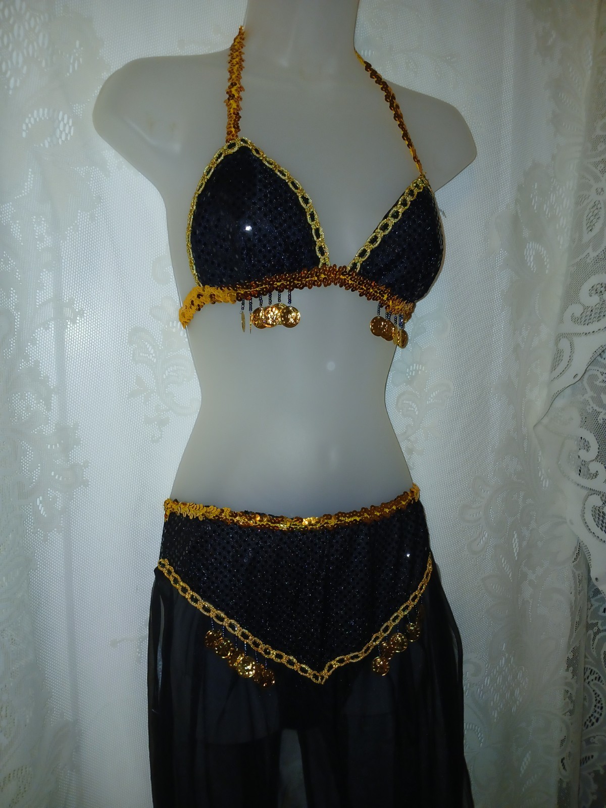 Vintage Belly Dancing Harem Genie Costume Black Chiffon Sequin Gold Coins XS