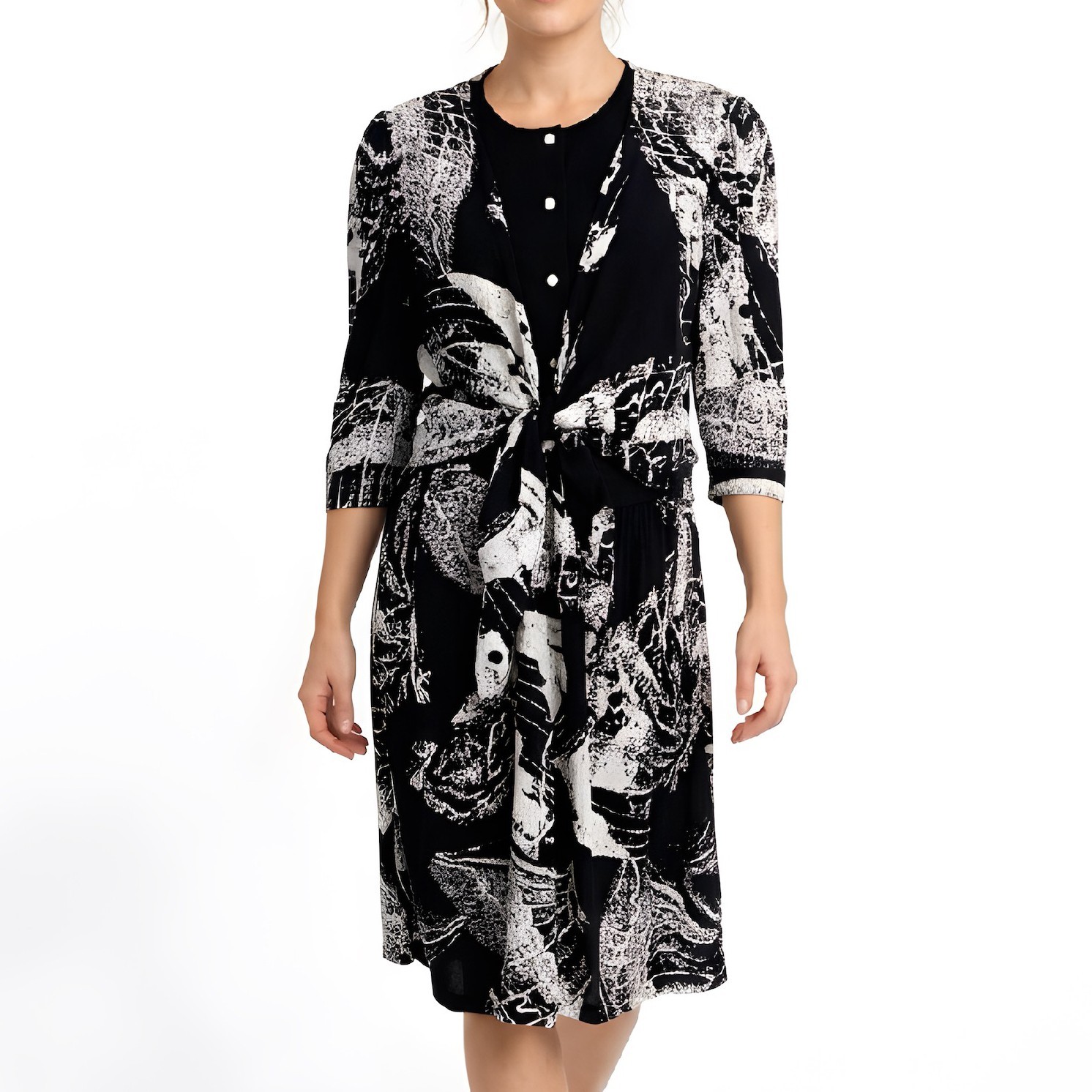 Vintage Merry Finn Black White Abstract Butterfly Tie-Front Midi Dress, Size M/L
