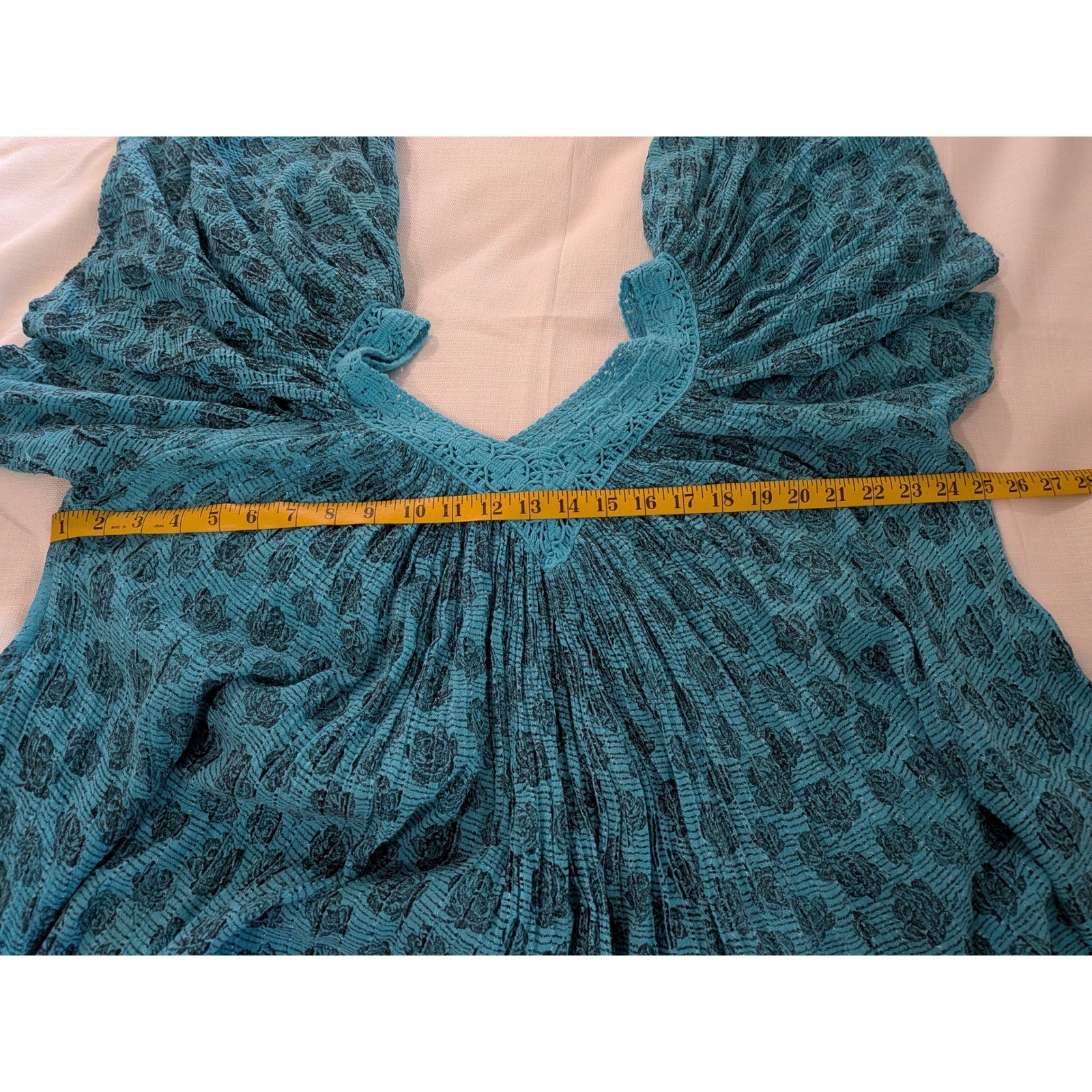 VTG Jasmine KVM Blue Floral Crochet Lace Gauze Muumuu Sz L Maxi Dress Bohemian
