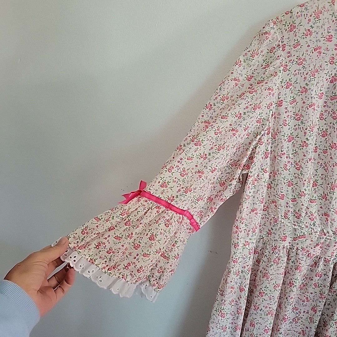 Vintage Handmade Prairie Dress Large Pink Ditsy Floral Cottage Country Western