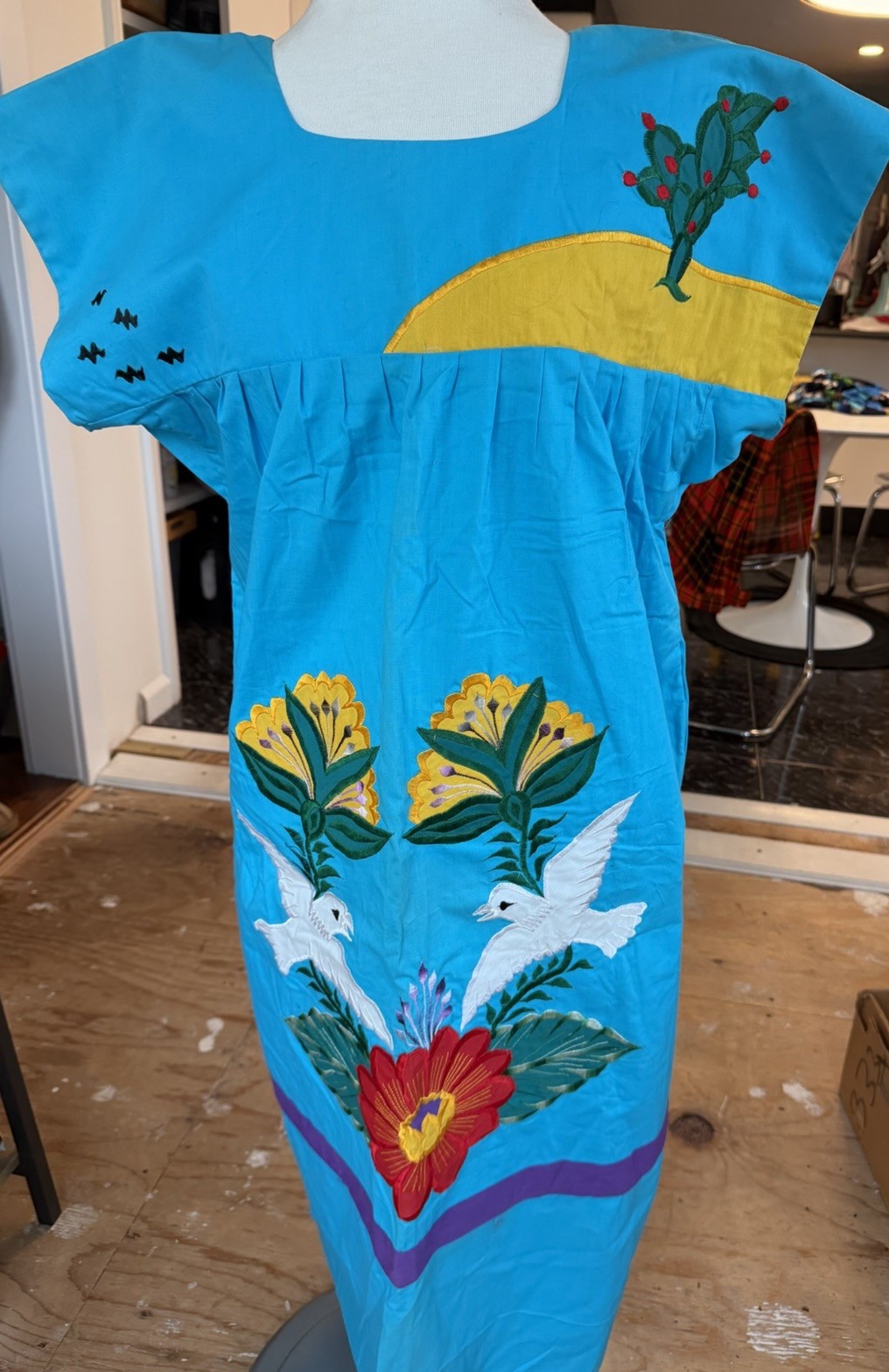 70s Mexican Dress Teal Blue vintage embroidered Aqua peasant prairie M/L