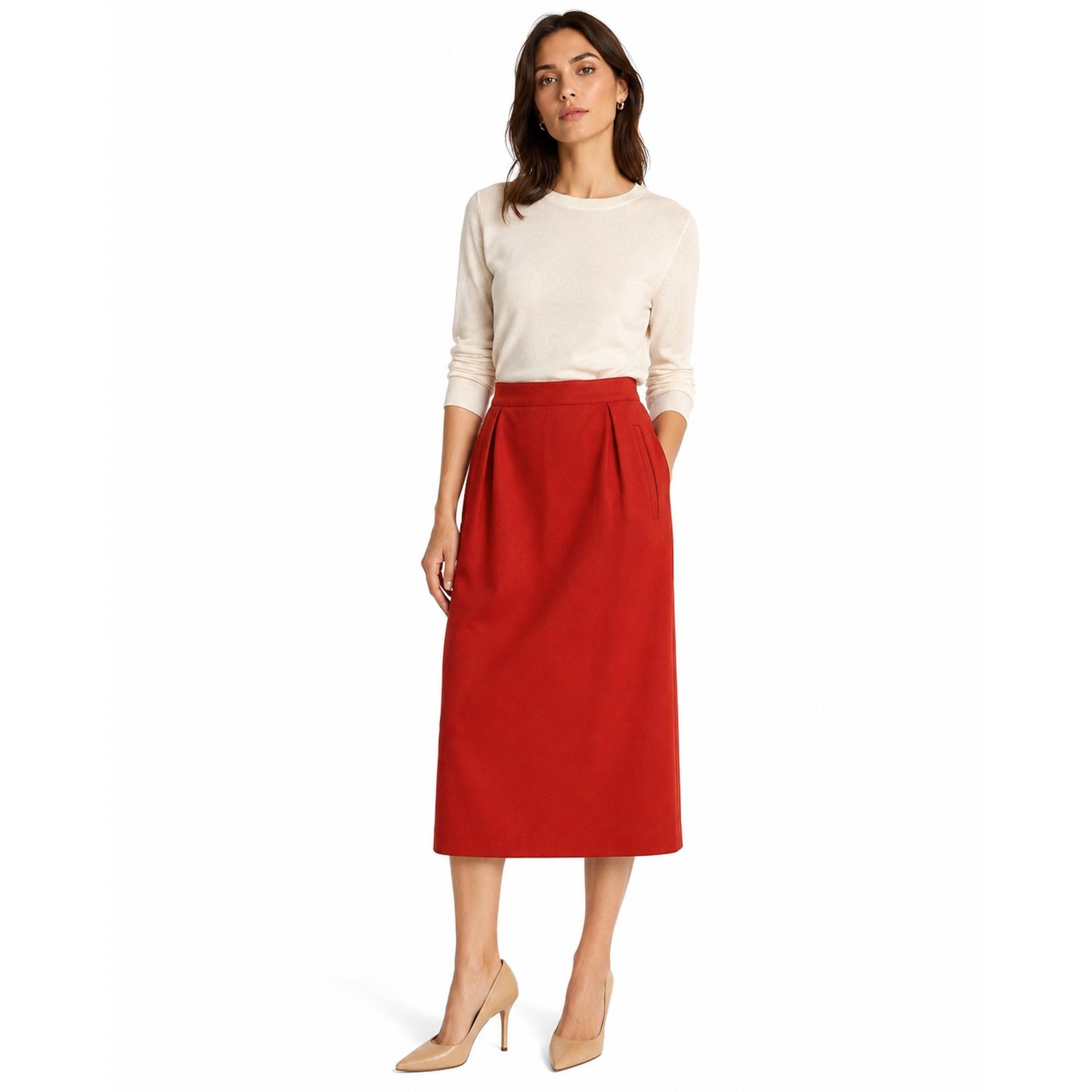 Vintage Ted Lapidus Brick Red Wool Midi Skirt France Straight Lined W 29.5″