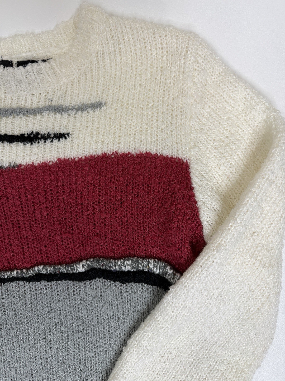 Vintage 90s Textured Boucle Colorblock Statement Sweater Red Gray Black Knit M