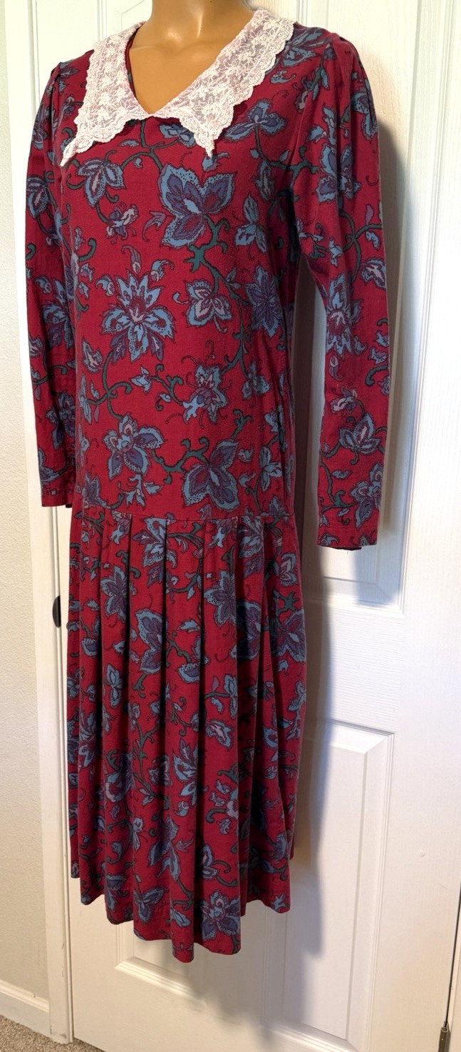 VTG 80’s LAURA ASHLEY DEEP PINK FLORAL W/ LACE COLLAR DROP WAIST DRESS SZ 10